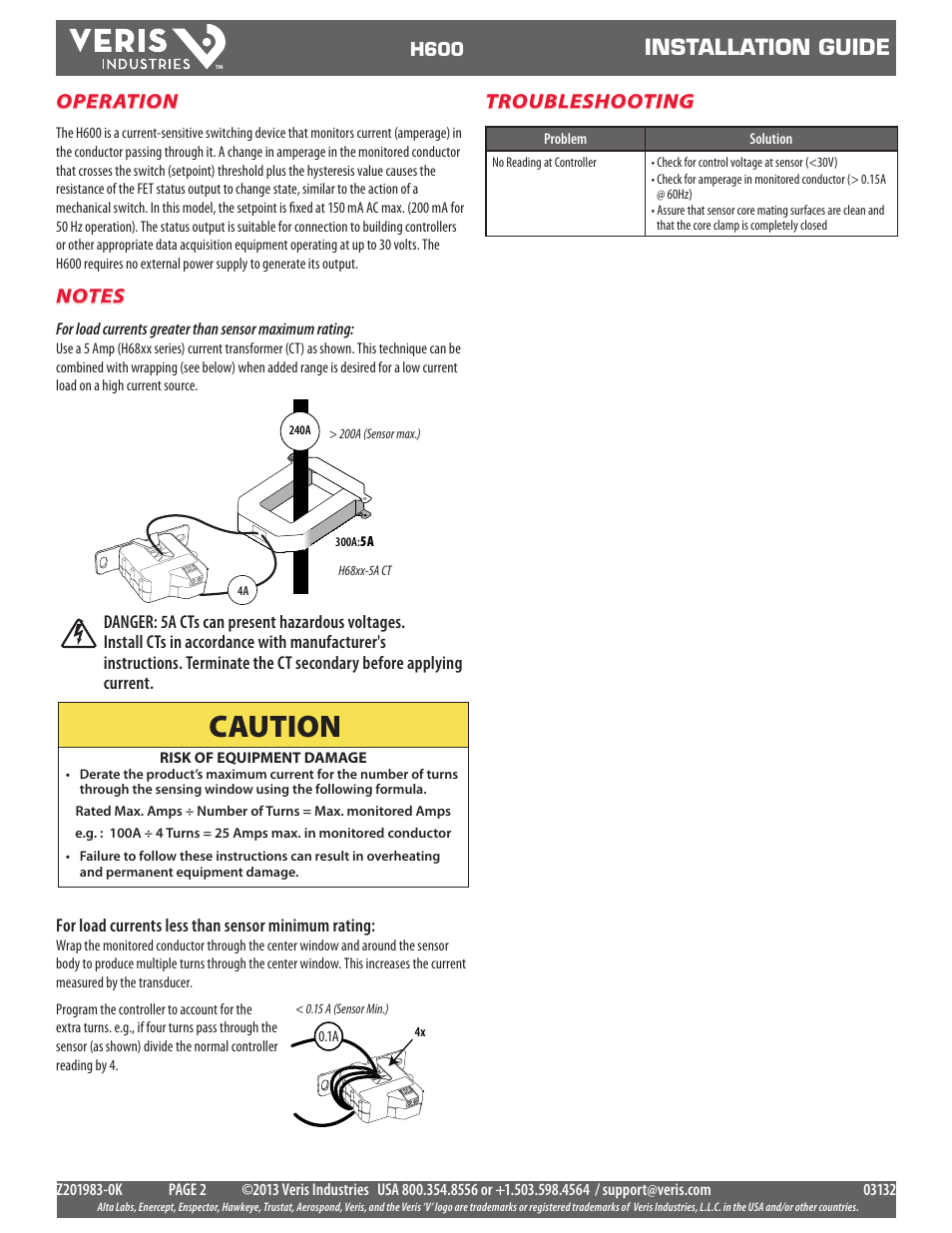 Caution, Installation guide, Operation | Troubleshooting | Veris Industries H600 Install User Manual | Page 2 / 2