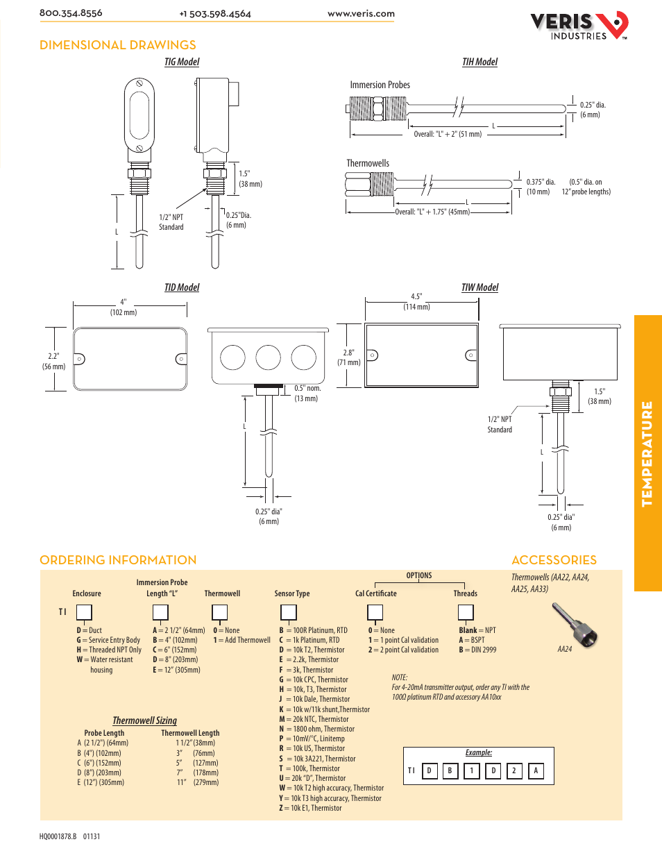 Te mpera ture, Dimensional drawings, Ordering information accessories | Veris Industries TI SERIES Datasheet User Manual | Page 2 / 2