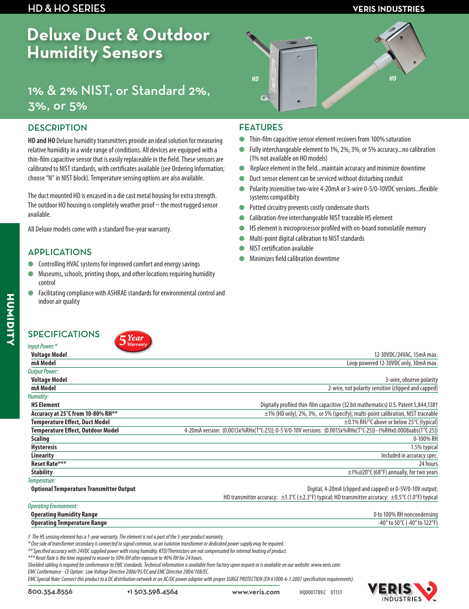 Veris Industries HO SERIES Datasheet User Manual | 2 pages