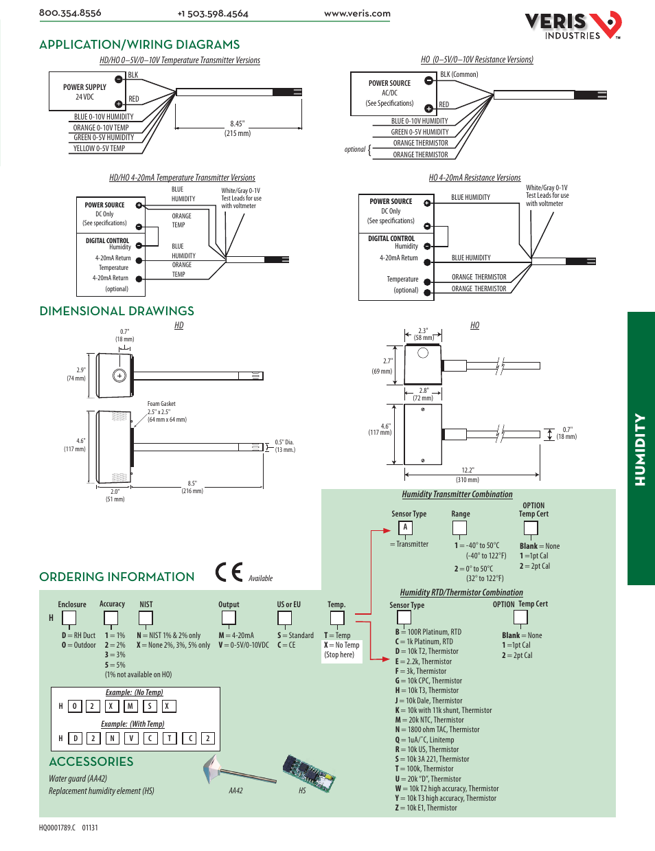 Hu midit y, Dimensional drawings application/wiring diagrams, Accessories | Ordering information | Veris Industries HO SERIES Datasheet User Manual | Page 2 / 2