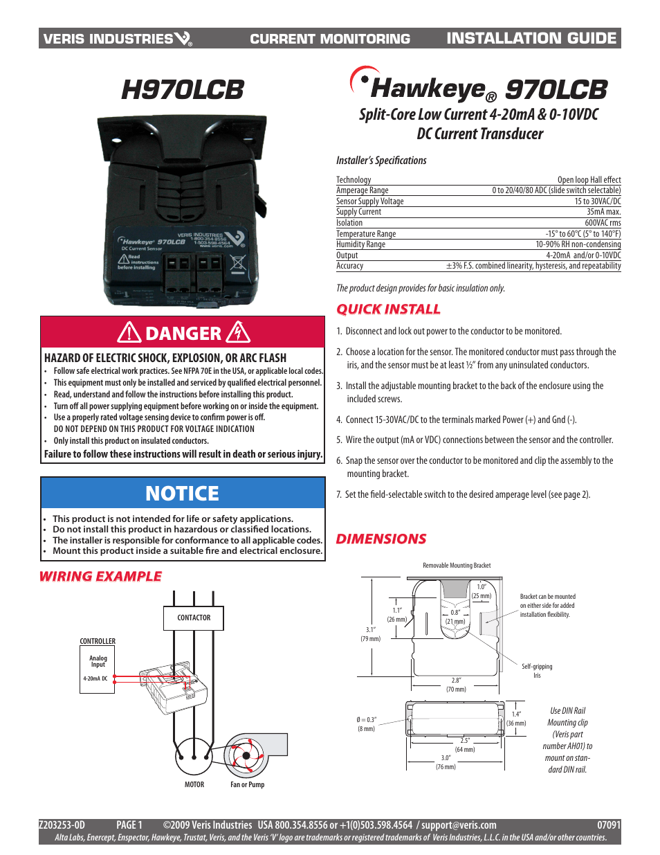 Veris Industries H970LCB Install User Manual | 2 pages