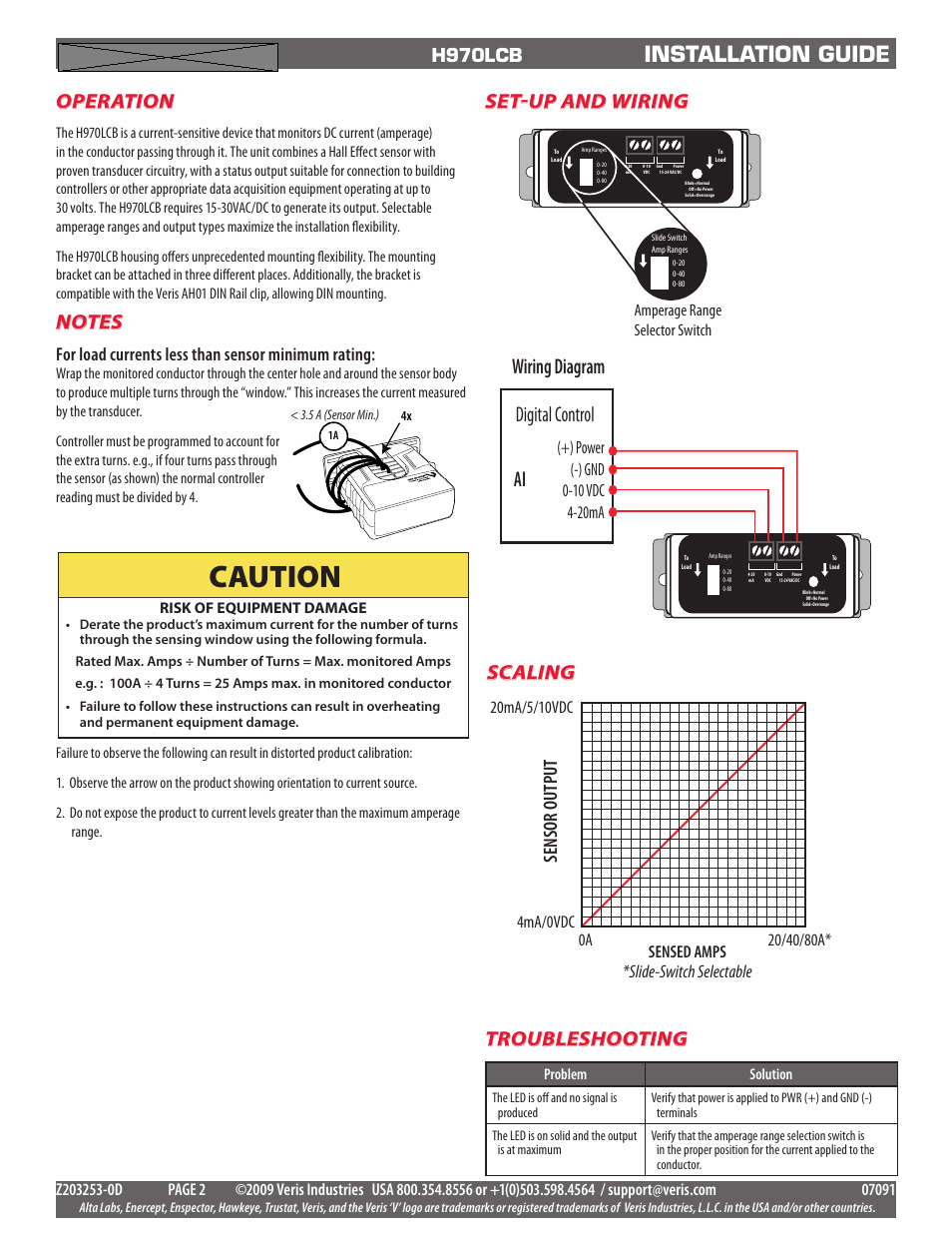 Caution, Installation guide, Wiring diagram digital control | Operation, Set-up and wiring, Scaling, Troubleshooting, Sensor output, H970lcb, For load currents less than sensor minimum rating | Veris Industries H970LCB Install User Manual | Page 2 / 2