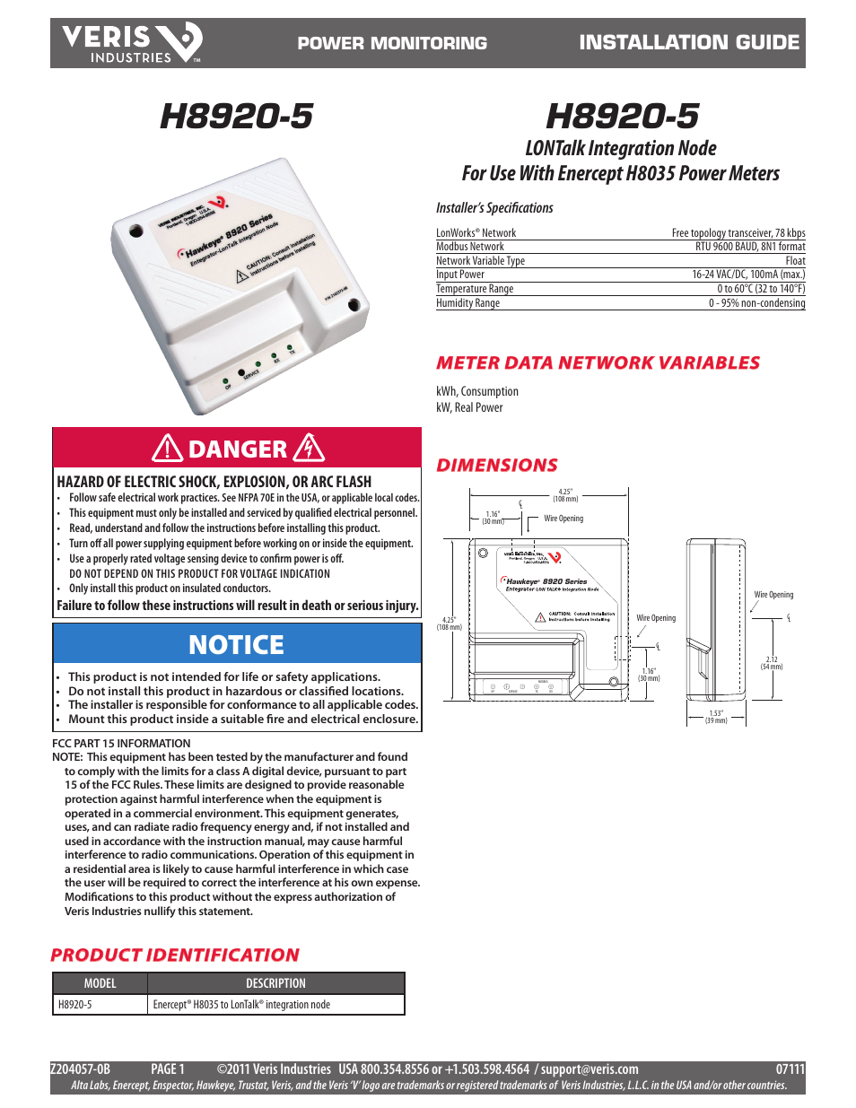 Veris Industries H8920-5 Install User Manual | 6 pages