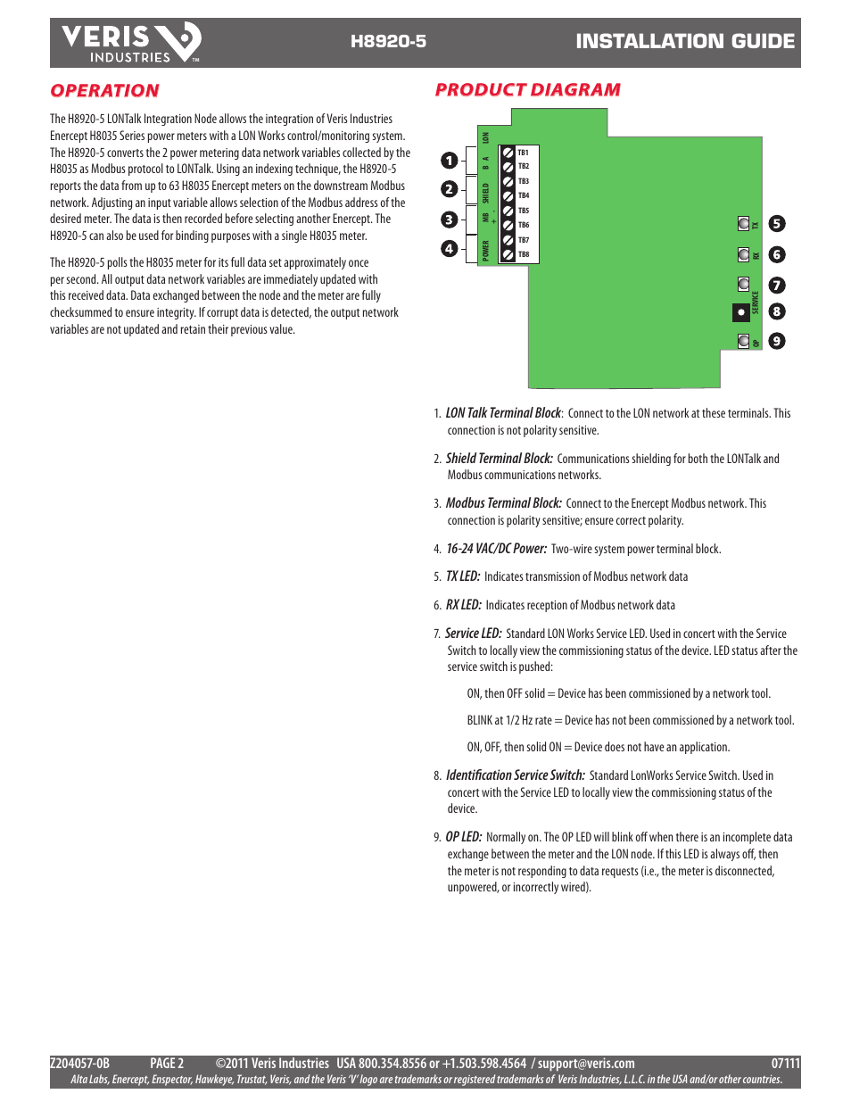 Installation guide, Operation, Product diagram | Veris Industries H8920-5 Install User Manual | Page 2 / 6