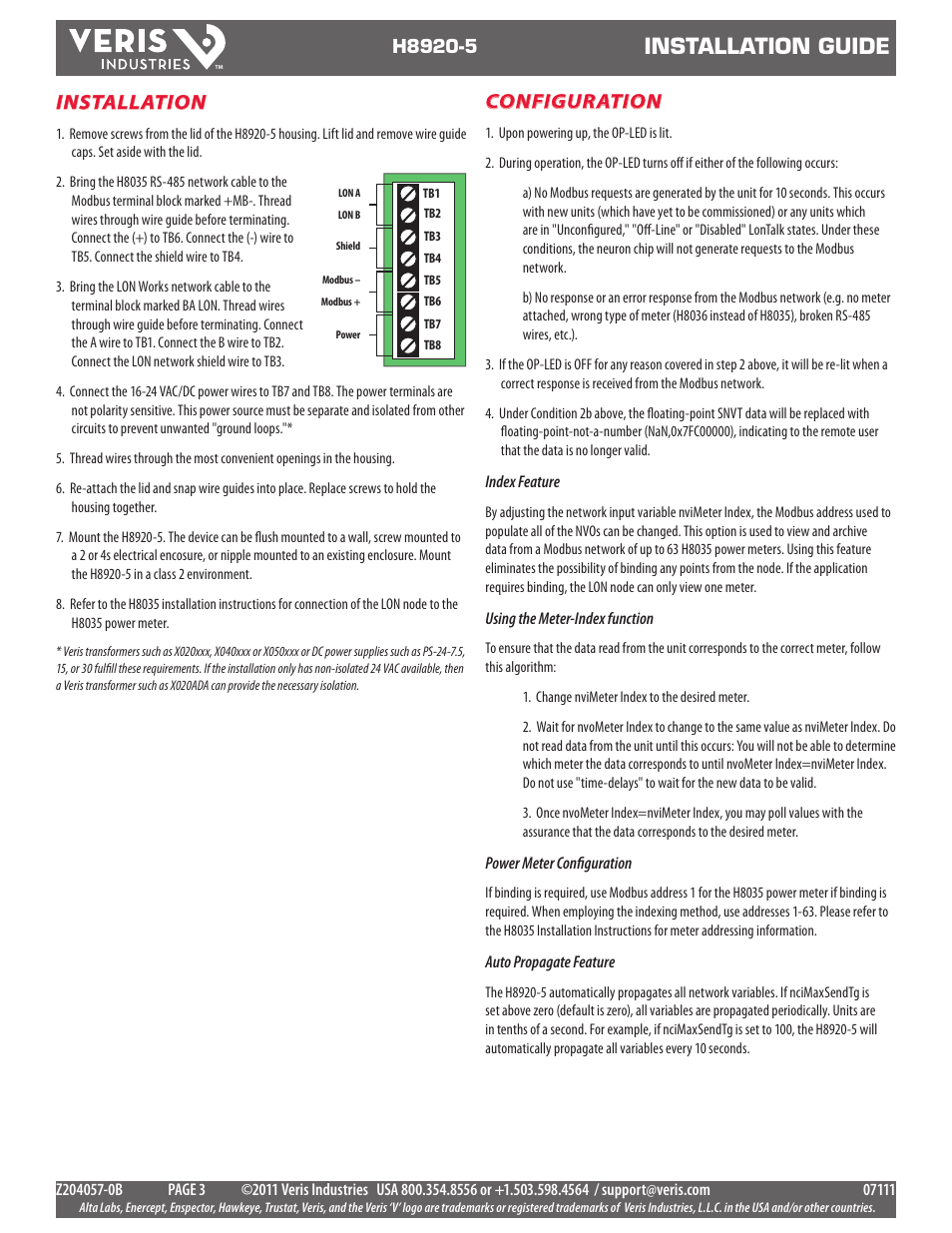 Installation guide, Installation, Configuration | Veris Industries H8920-5 Install User Manual | Page 3 / 6