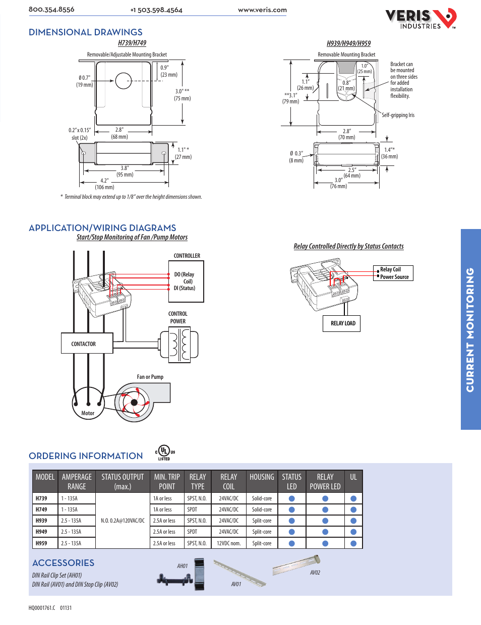 Current monit oring, Dimensional drawings, Application/wiring diagrams | Ordering information, Accessories | Veris Industries H939 SERIES Datasheet User Manual | Page 2 / 2