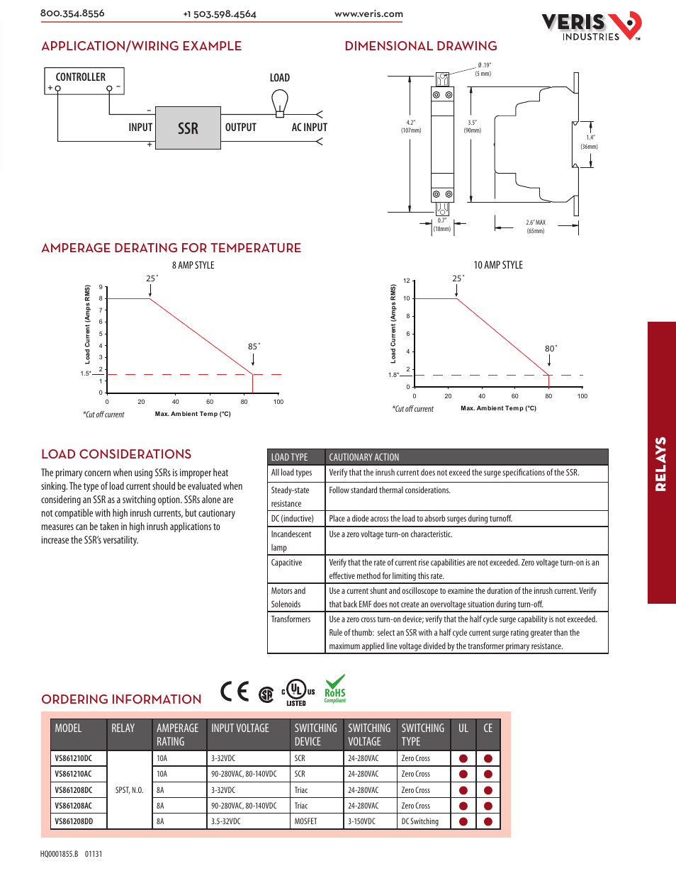 Rel ay s, Dimensional drawing, Amperage derating for temperature | Load considerations, Application/wiring example ordering information, Input output ac input controller wiring diagram, Load, 10 amp style, Rohs, 8 amp style | Veris Industries VS861 SERIES Datasheet User Manual | Page 2 / 2