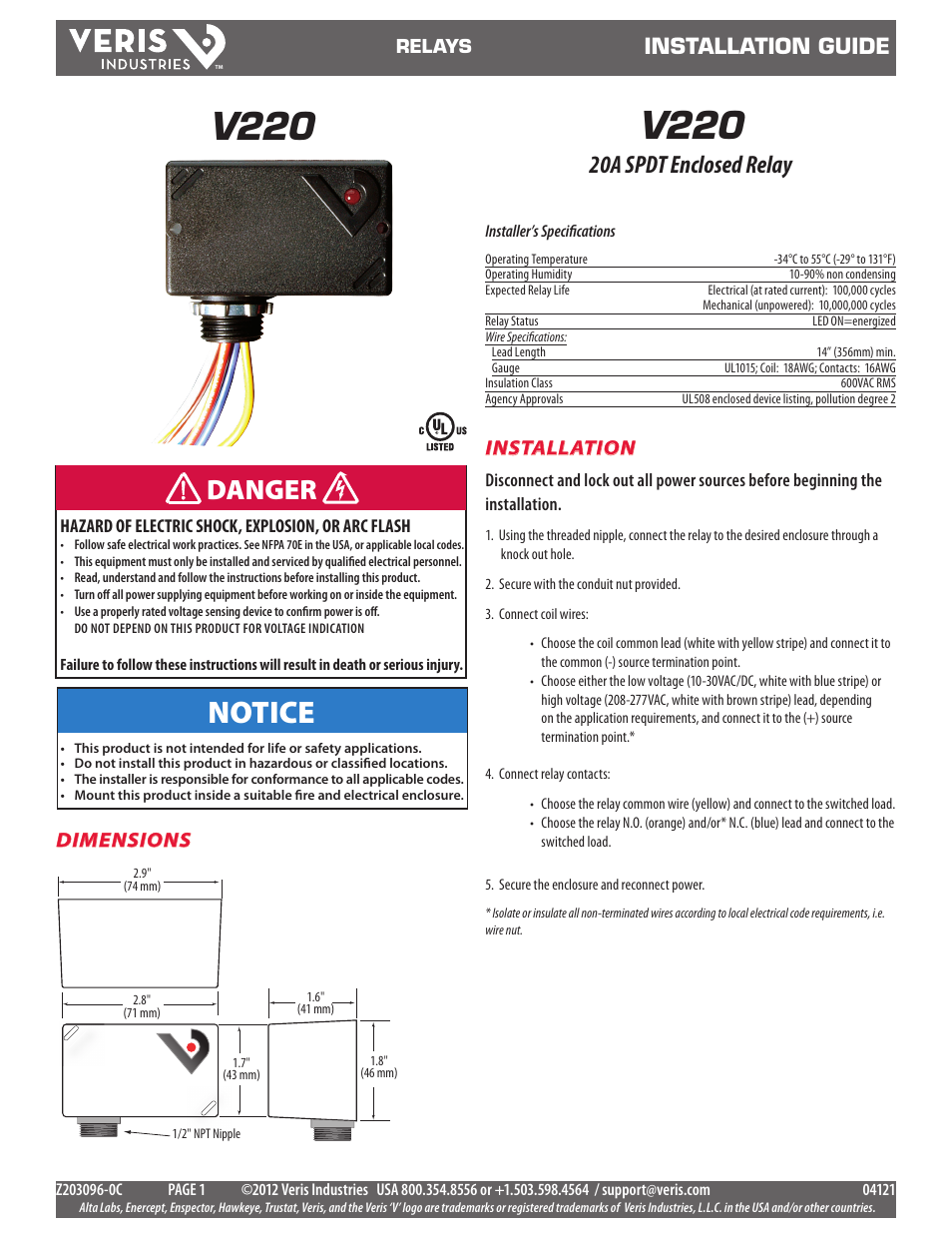 Veris Industries V220 Install User Manual | 2 pages