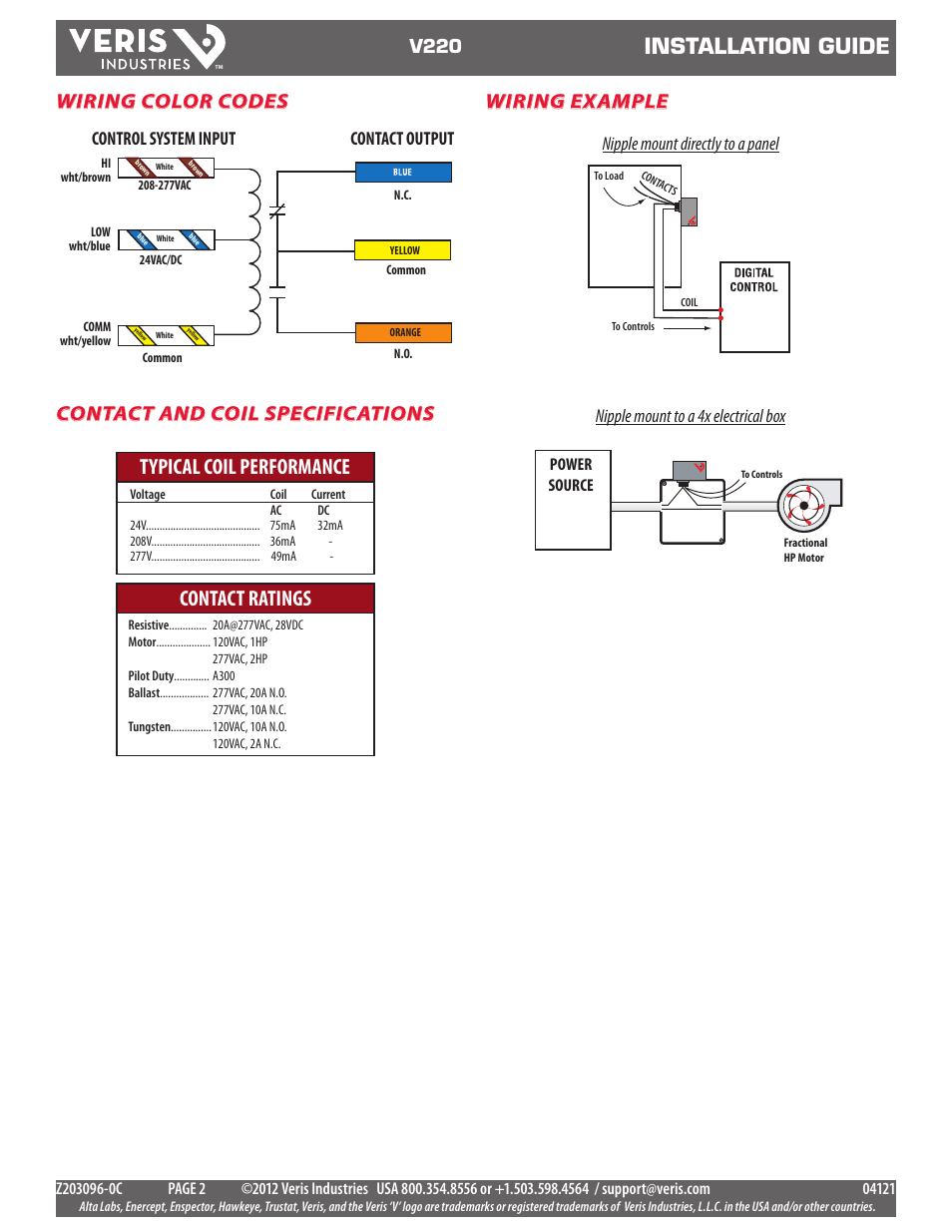 Installation guide, Typical coil performance contact ratings, Wiring example | Wiring color codes contact and coil specifications, V220, Nipple mount directly to a panel, Nipple mount to a 4x electrical box, Contact output control system input, Power source | Veris Industries V220 Install User Manual | Page 2 / 2