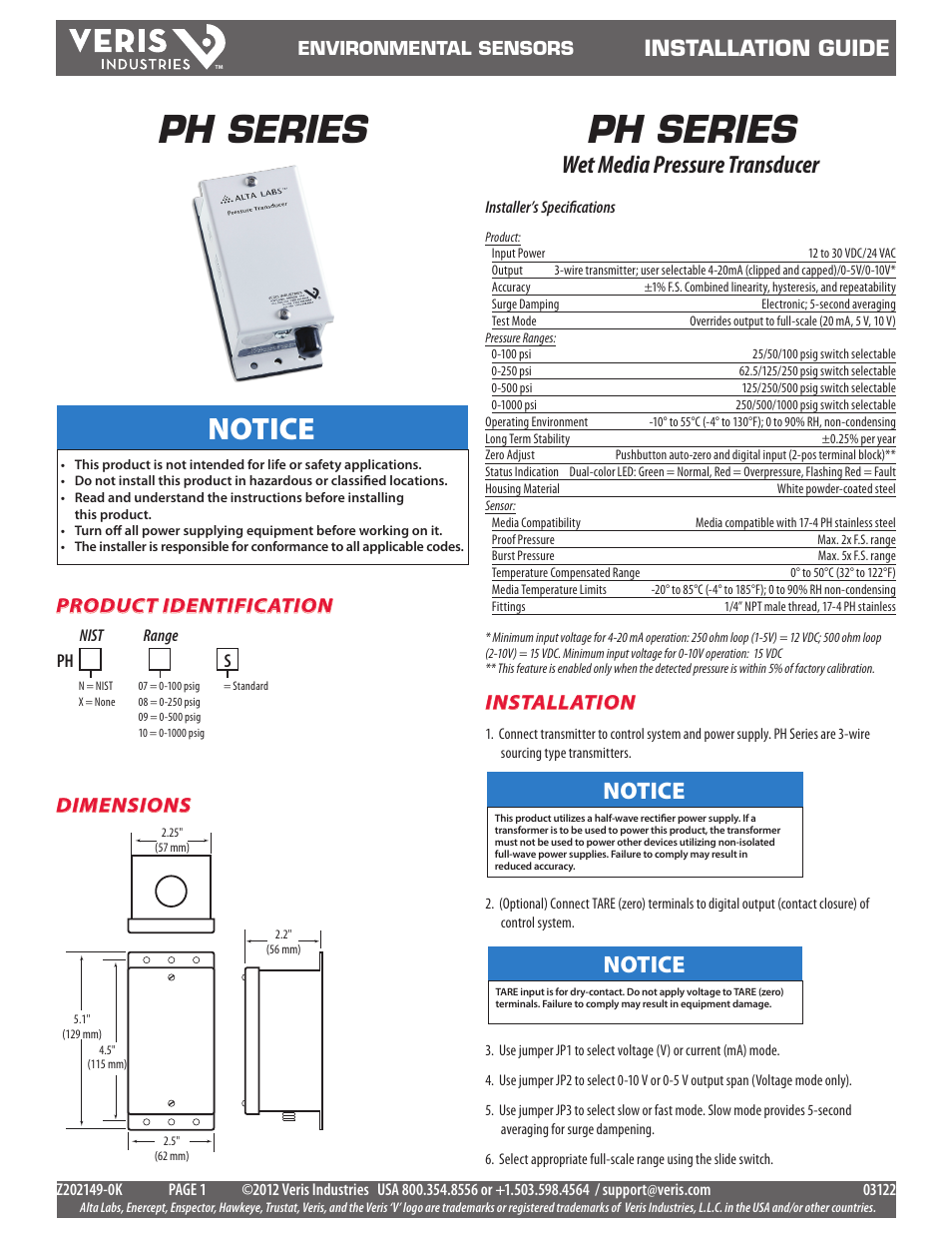 Veris Industries PH SERIES Install User Manual | 2 pages