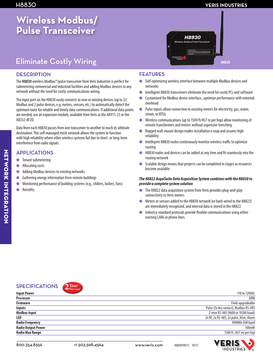 Veris Industries H8830 Datasheet User Manual | 2 pages