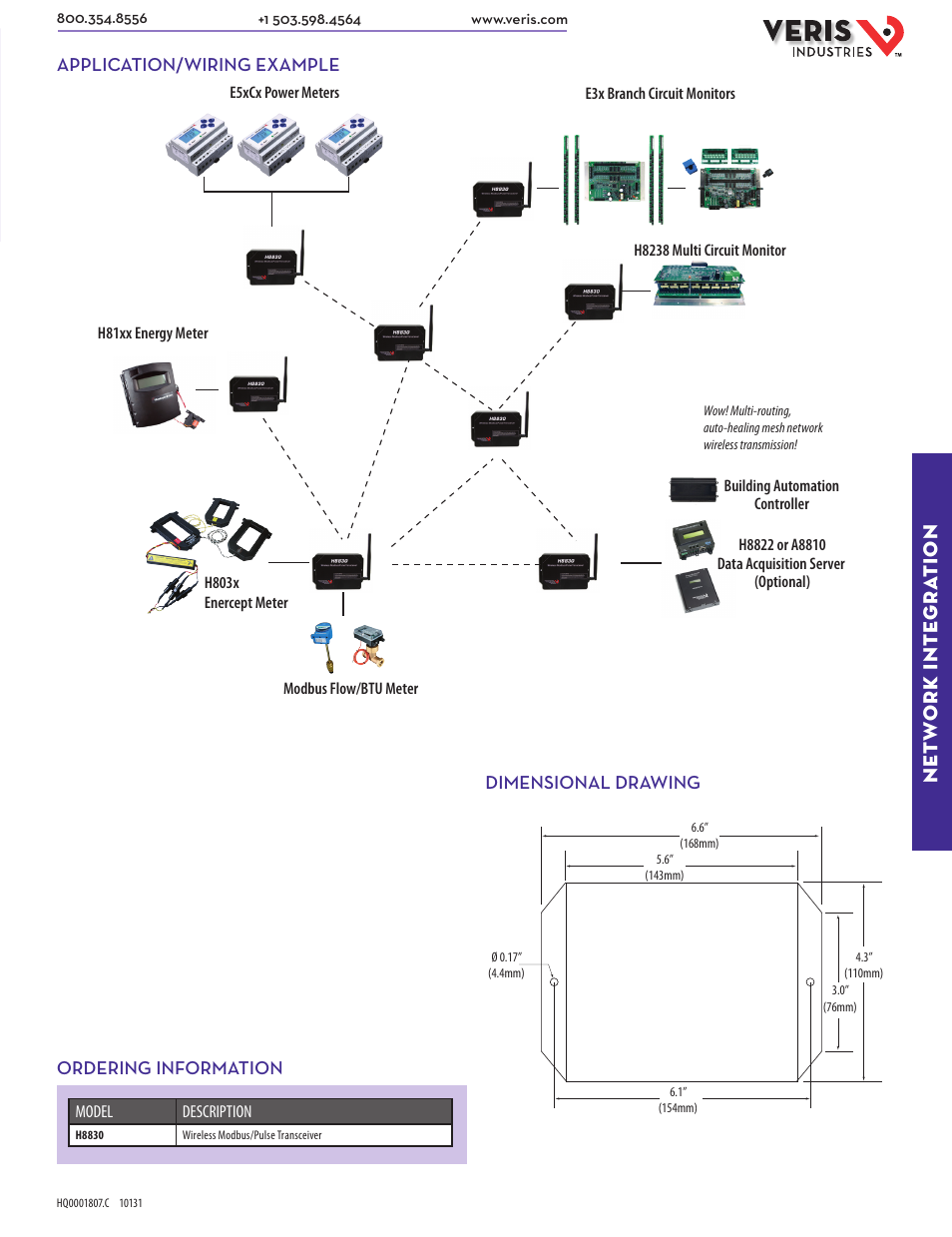 Net w ork inte gra tion | Veris Industries H8830 Datasheet User Manual | Page 2 / 2