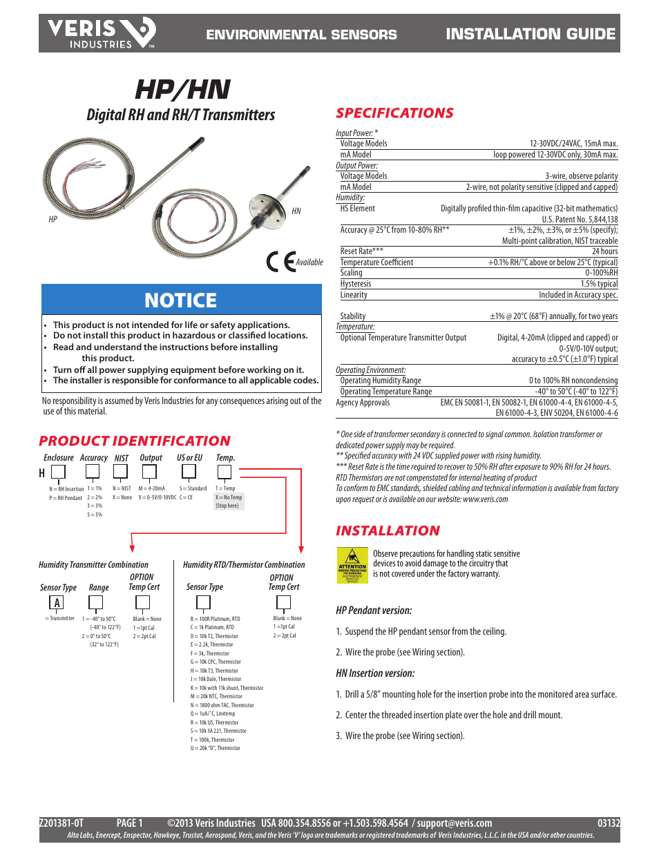 Veris Industries HP SERIES Install User Manual | 3 pages