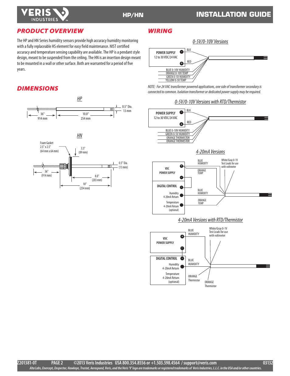Installation guide, Product overview, Wiring | Dimensions, Hp/hn, 5v/0-10v versions, 5v/0-10v versions with rtd/thermistor, 20ma versions, 20ma versions with rtd/thermistor, Hp hn | Veris Industries HP SERIES Install User Manual | Page 2 / 3