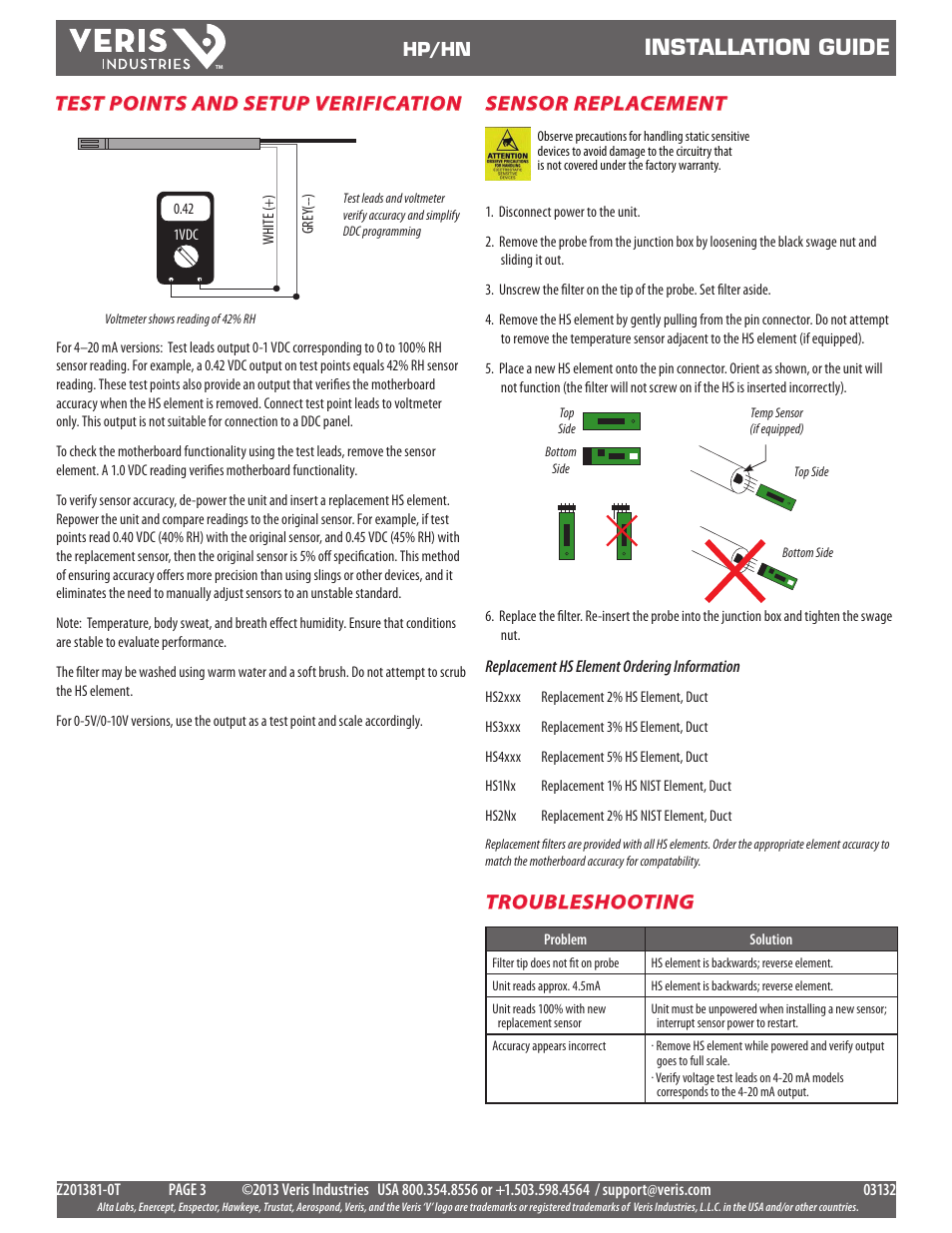 Installation guide, Troubleshooting, Sensor replacement | Test points and setup verification | Veris Industries HP SERIES Install User Manual | Page 3 / 3
