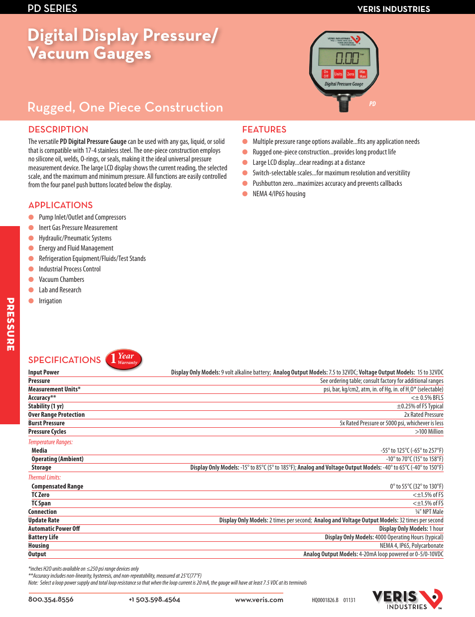 Veris Industries PD SERIES Datasheet User Manual | 2 pages