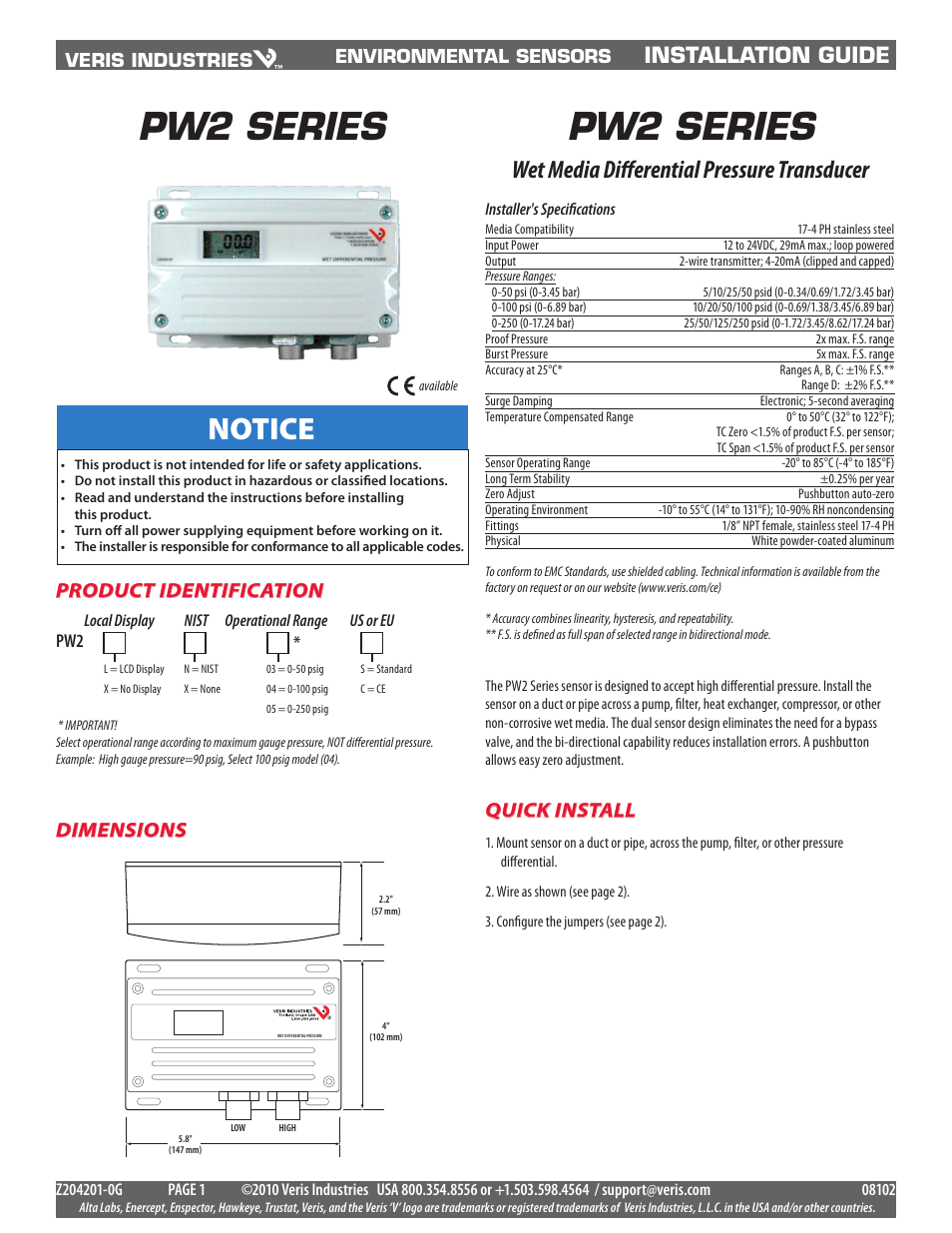 Veris Industries PW2 SERIES Install User Manual | 2 pages