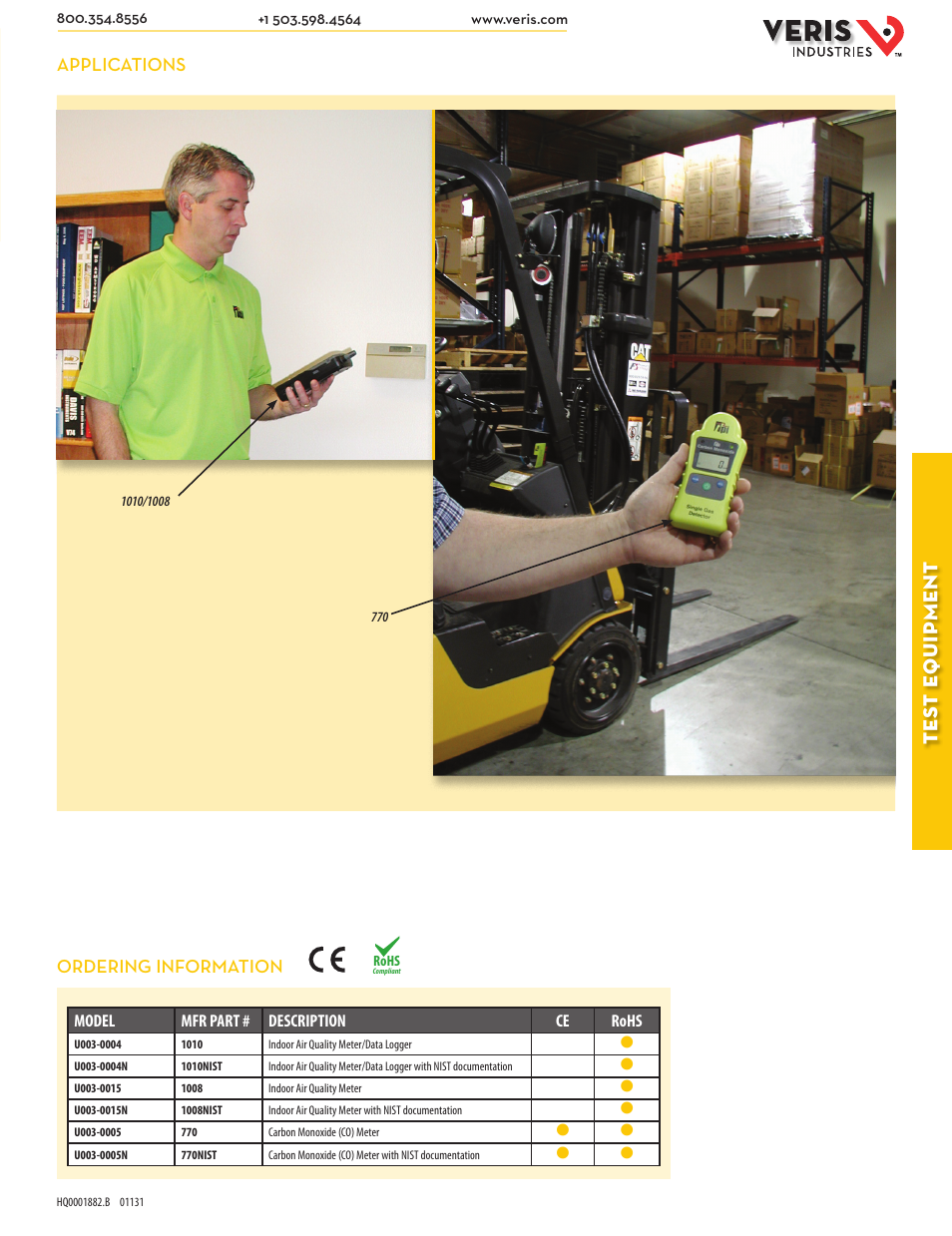 Tes t e quip ment, Applications, Ordering information | Model mfr part # description ce rohs | Veris Industries 1010 Datasheet User Manual | Page 2 / 2