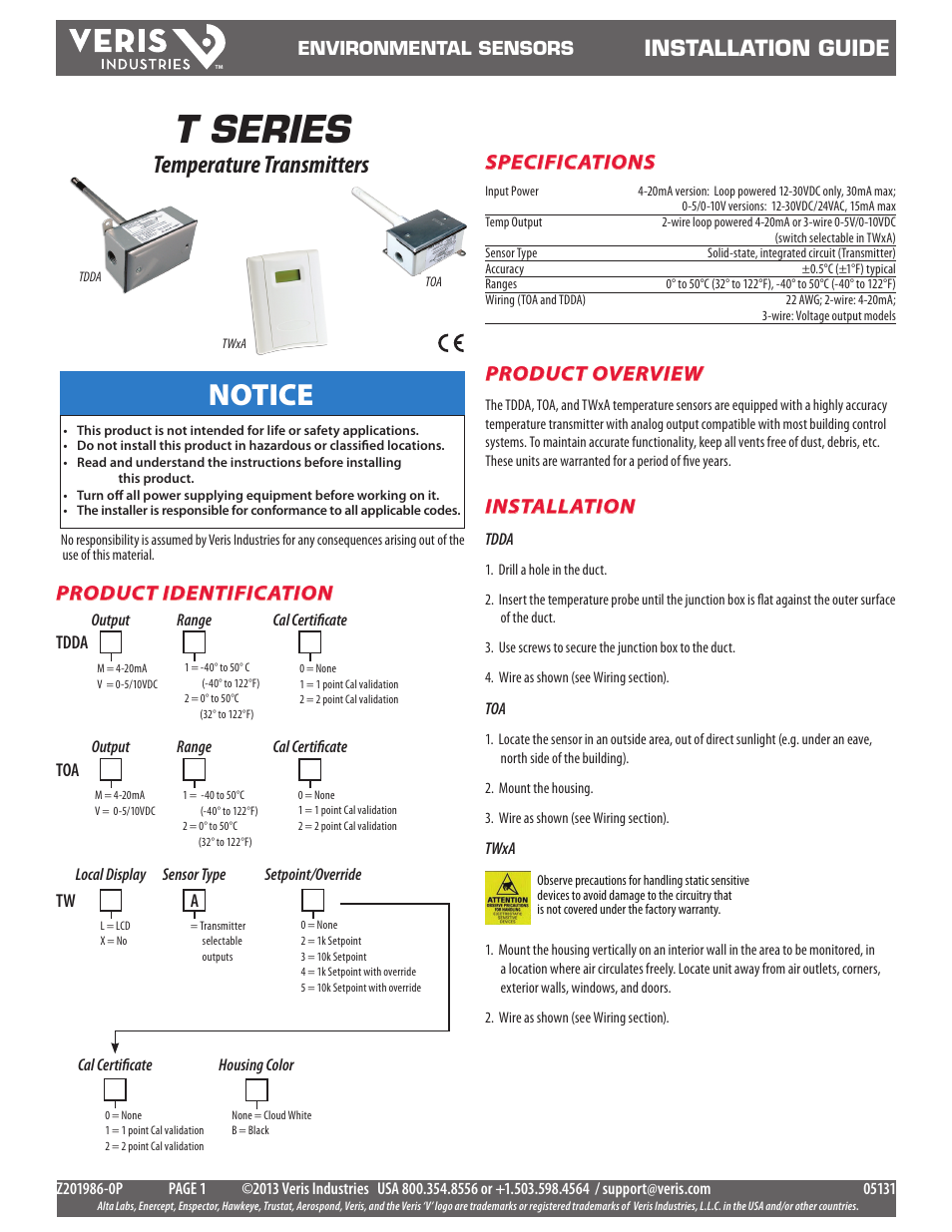 Veris Industries T SERIES Install User Manual | 2 pages