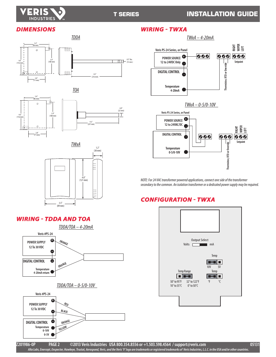 Installation guide, Dimensions, Wiring - tdda and toa | Wiring - twxa, Configuration - twxa, T series, Tdda toa twxa | Veris Industries T SERIES Install User Manual | Page 2 / 2