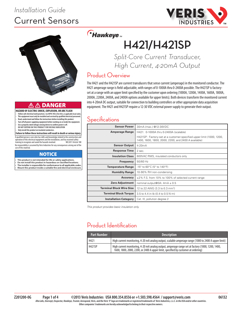 Veris Industries H421 Install User Manual | 4 pages