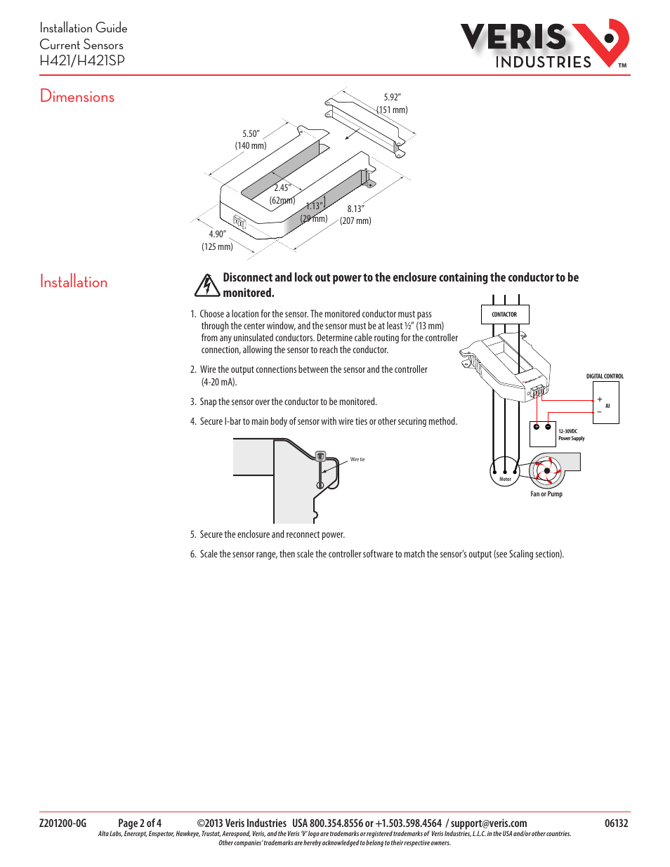 Dimensions, Installation | Veris Industries H421 Install User Manual | Page 2 / 4
