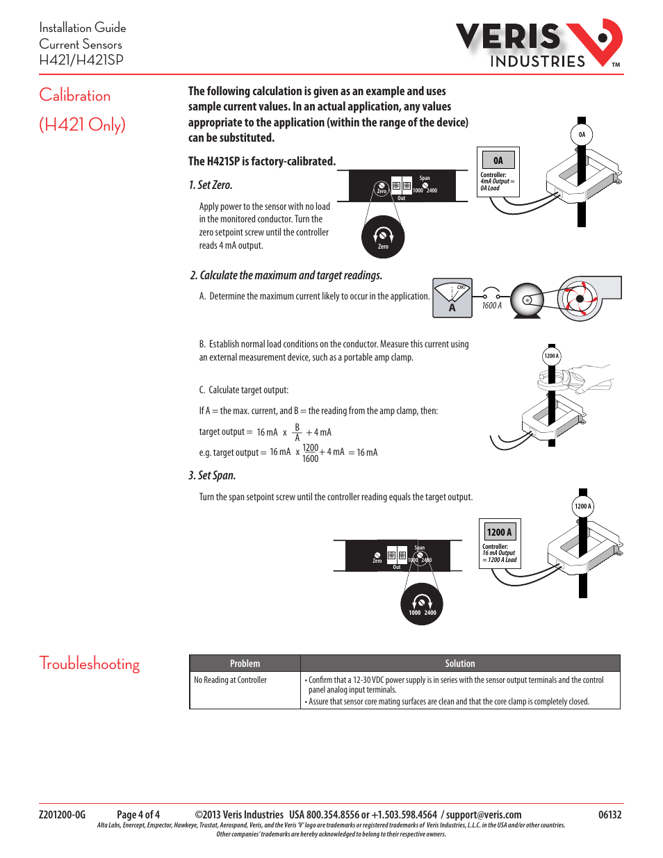 Calibration (h421 only) troubleshooting, Calculate the maximum and target readings, Set span | Veris Industries H421 Install User Manual | Page 4 / 4