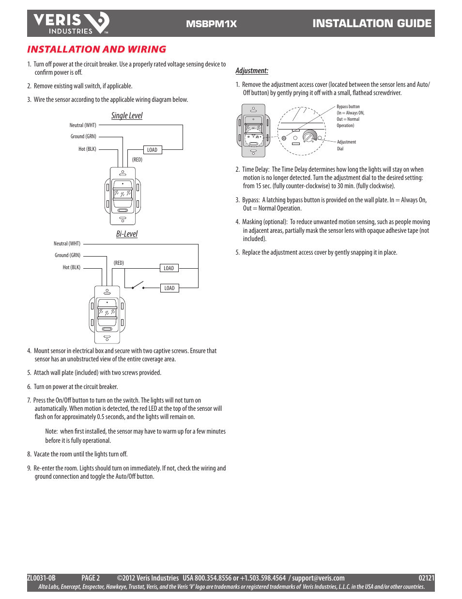 Installation guide, Installation and wiring, Msbpm1x | Single level, Bi-level | Veris Industries MSBPM1x Install User Manual | Page 2 / 2