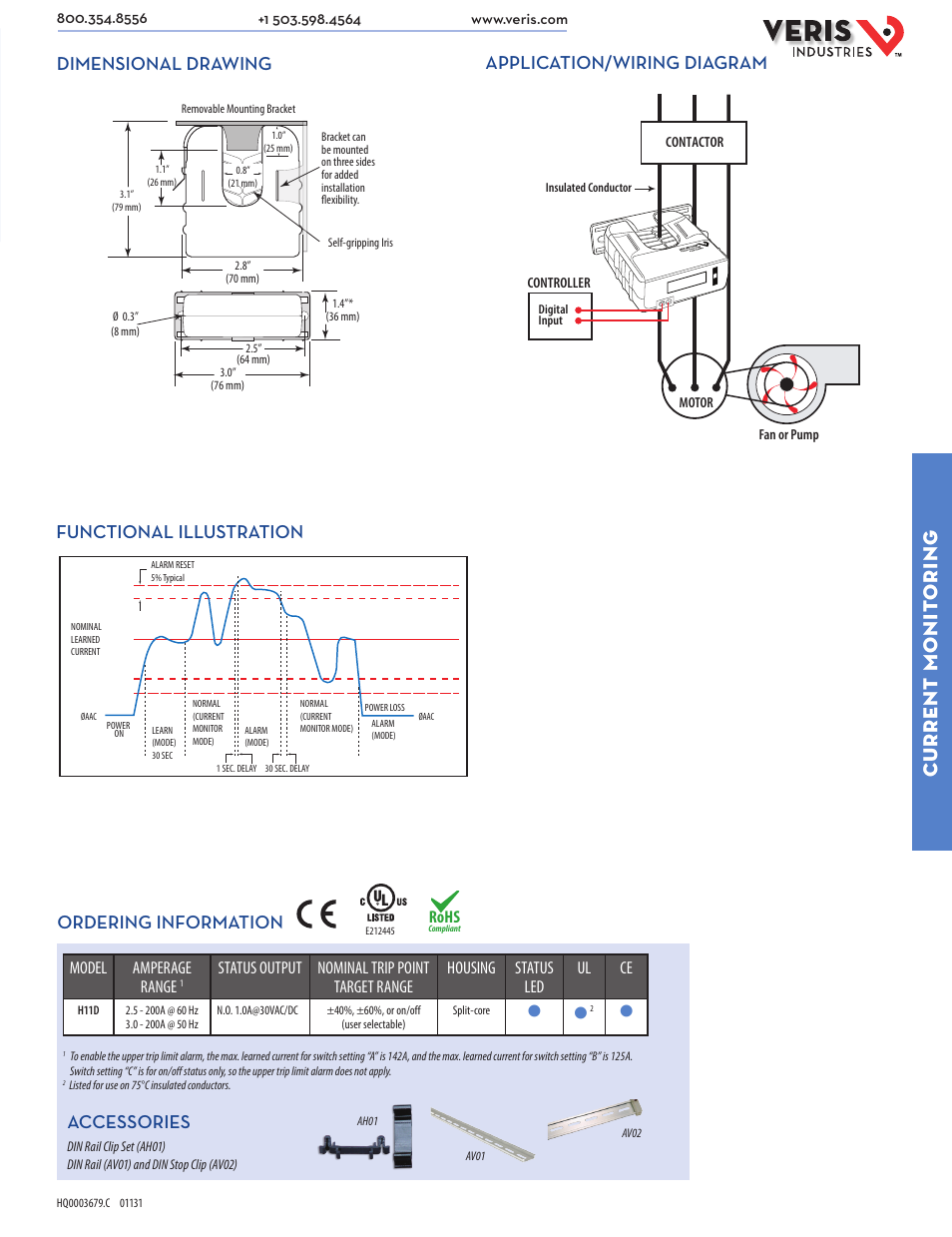 Current monit oring, Ordering information accessories, Model amperage range | Rohs | Veris Industries H11D Datasheet User Manual | Page 2 / 2