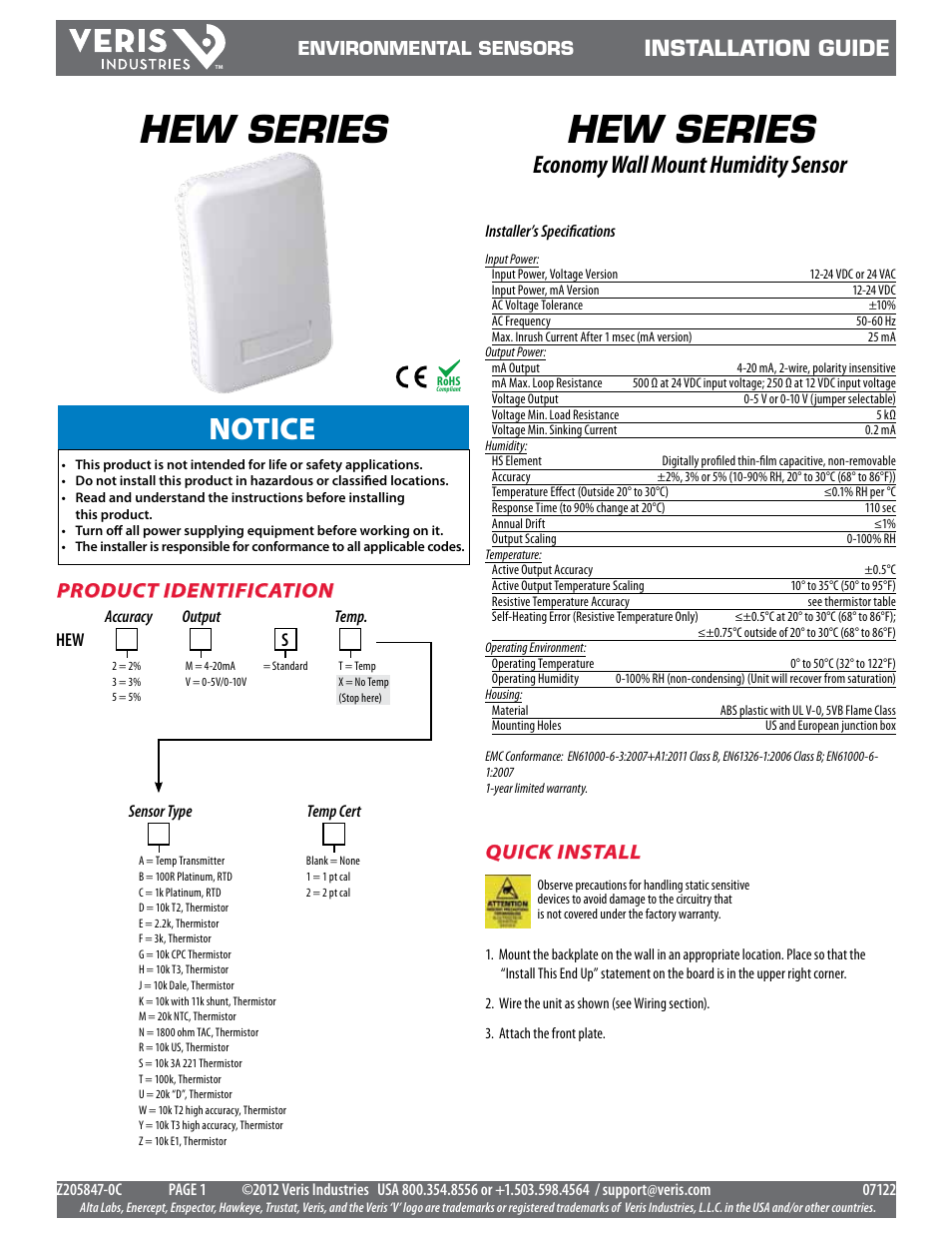 Veris Industries HEW SEriES Install User Manual | 3 pages