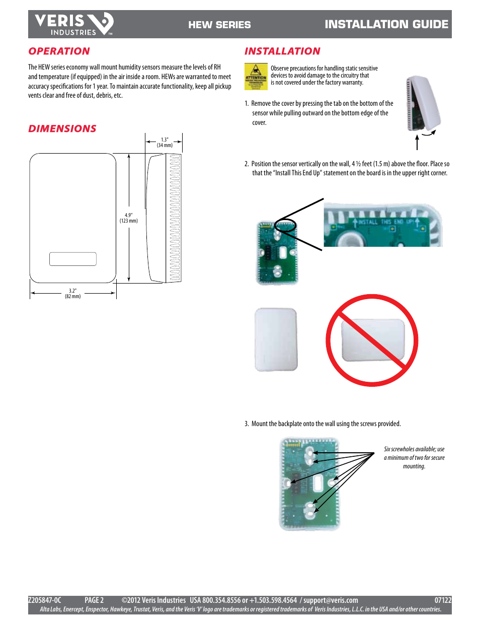 Installation guide, Dimensions installation, Operation | Veris Industries HEW SEriES Install User Manual | Page 2 / 3