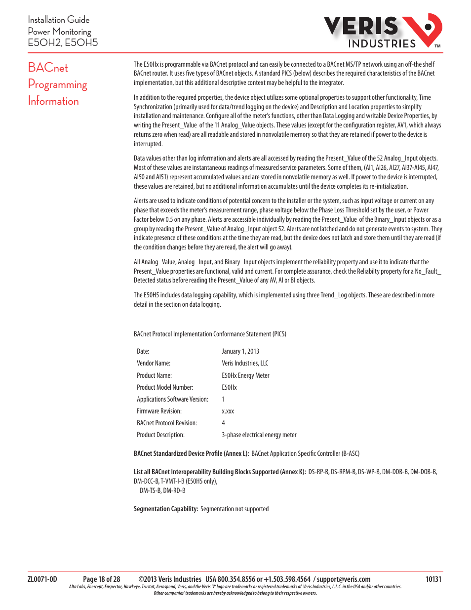 Bacnet programming information | Veris Industries E50H5 Install User Manual | Page 18 / 28