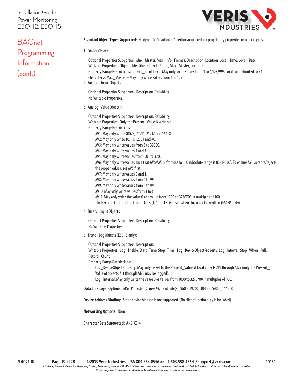 Bacnet programming information (cont.) | Veris Industries E50H5 Install User Manual | Page 19 / 28