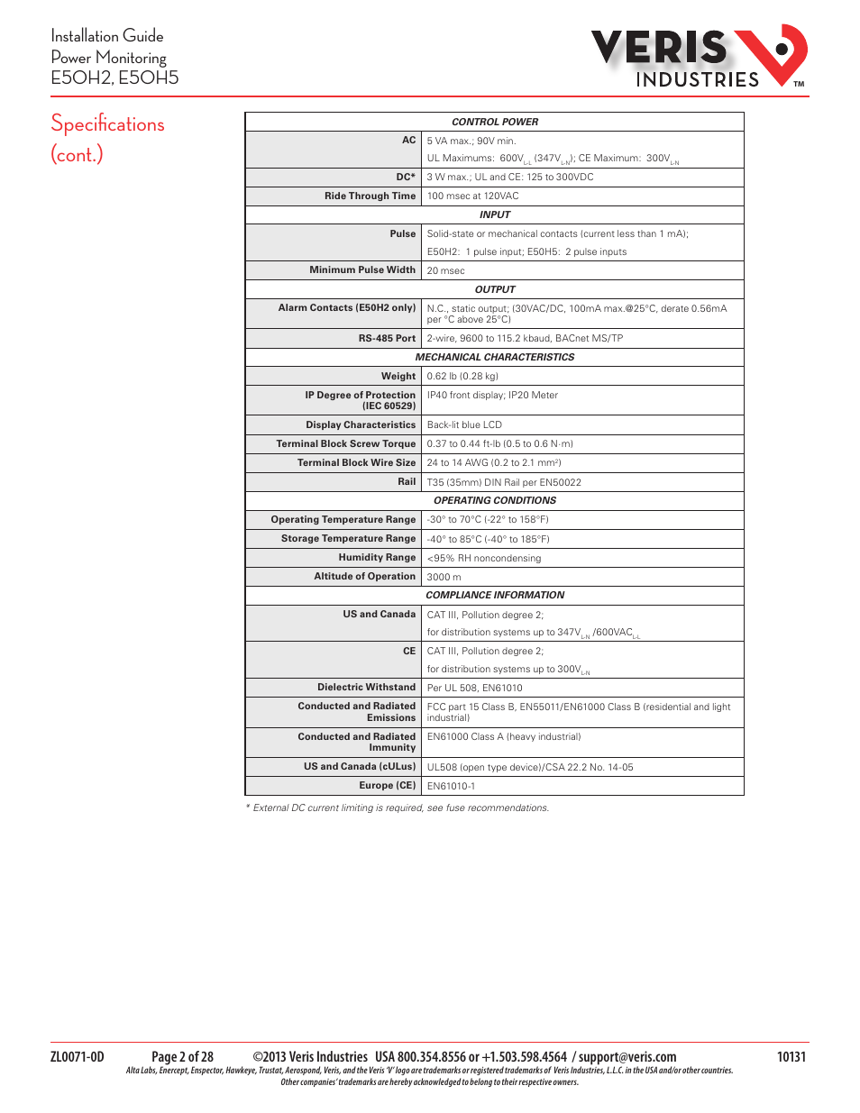 Specifications (cont.) | Veris Industries E50H5 Install User Manual | Page 2 / 28