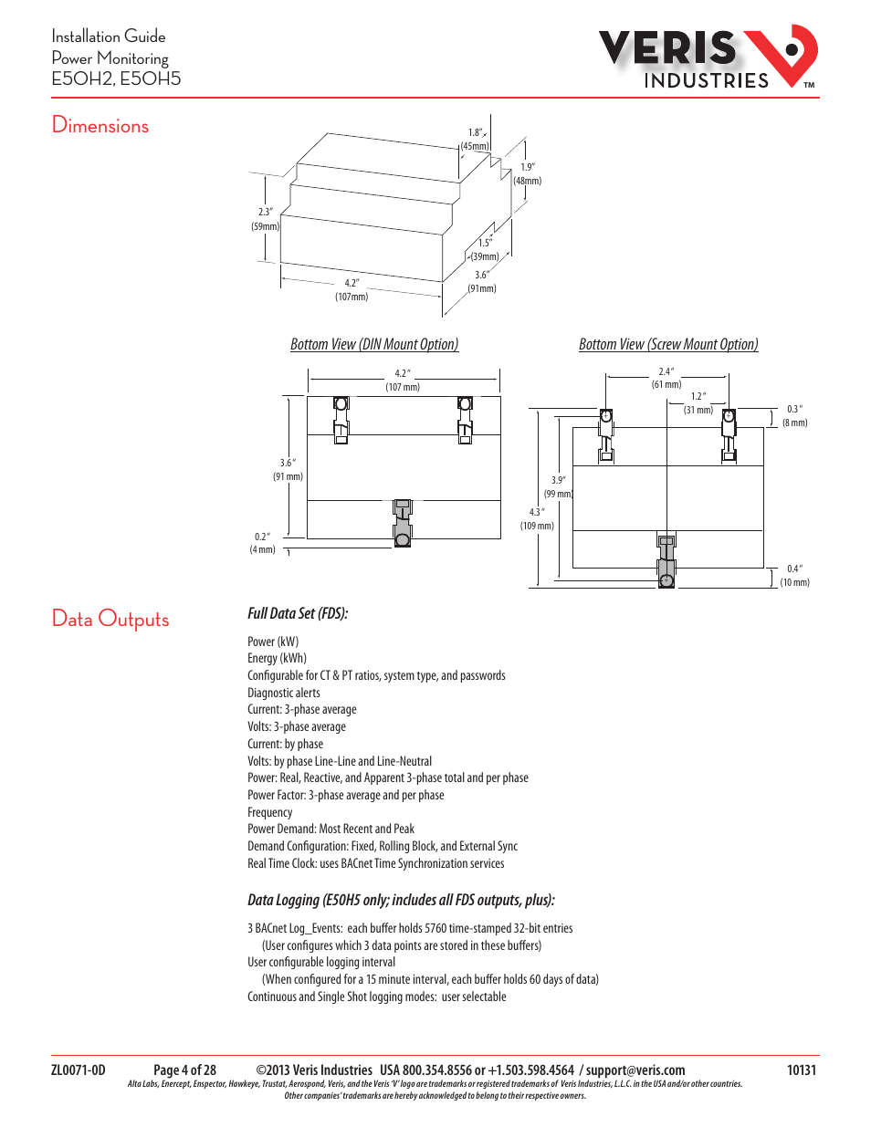 Dimensions, Data outputs | Veris Industries E50H5 Install User Manual | Page 4 / 28