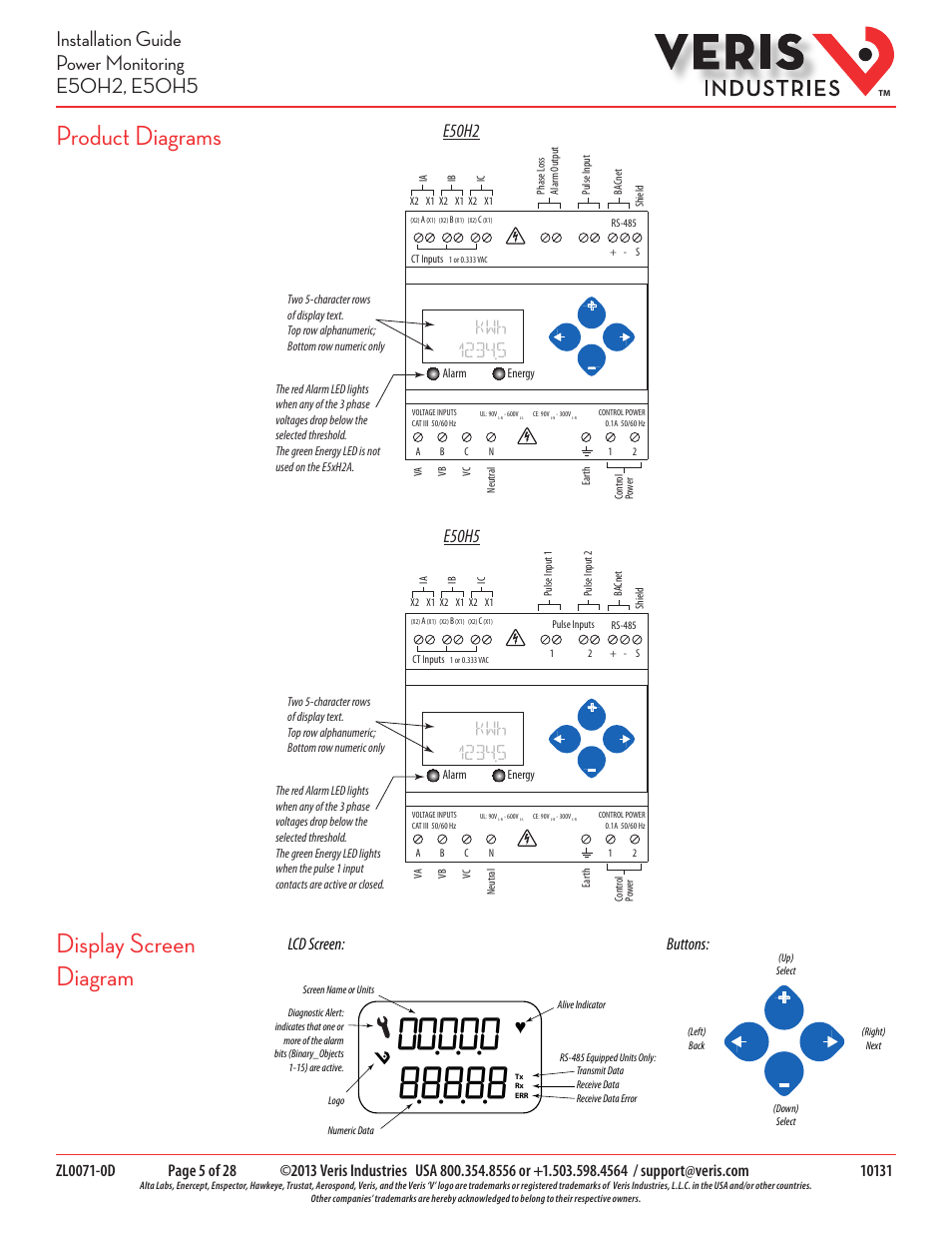 Display screen diagram, Product diagrams, E50h5 | E50h2, Lcd screen: buttons | Veris Industries E50H5 Install User Manual | Page 5 / 28