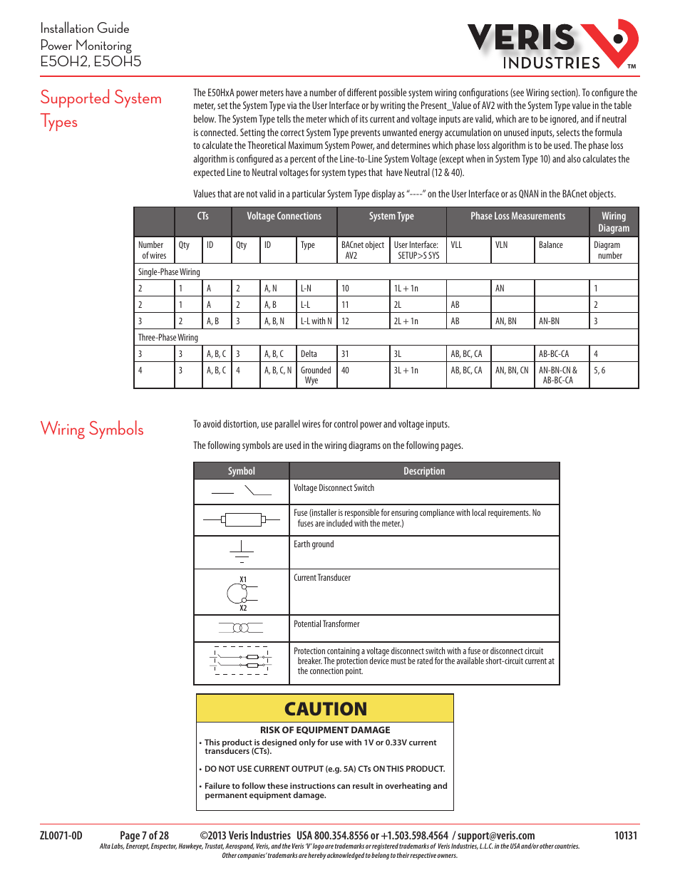 Supported system types, Wiring symbols, Caution | Veris Industries E50H5 Install User Manual | Page 7 / 28