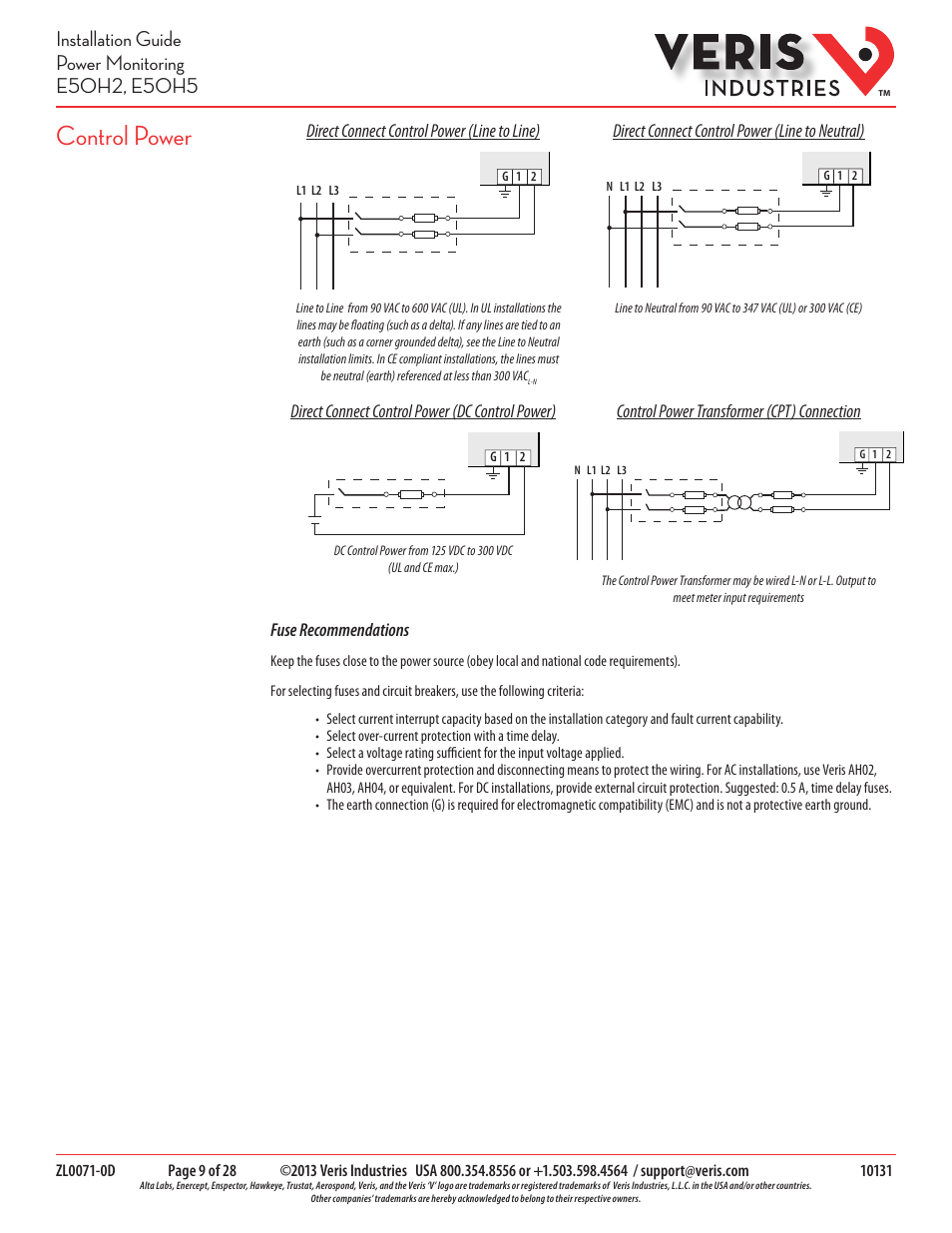 Control power | Veris Industries E50H5 Install User Manual | Page 9 / 28