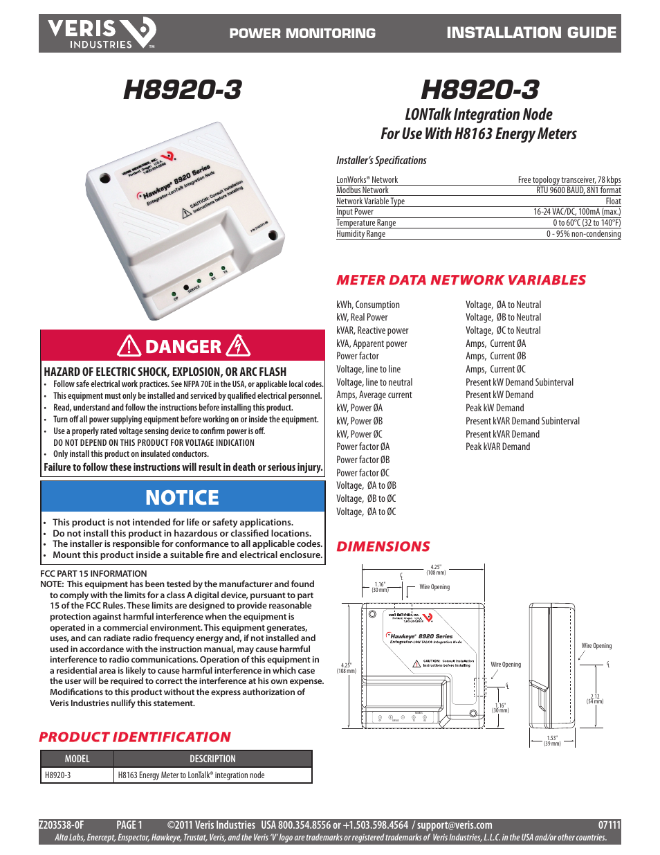 Veris Industries H8920-3 Install User Manual | 6 pages