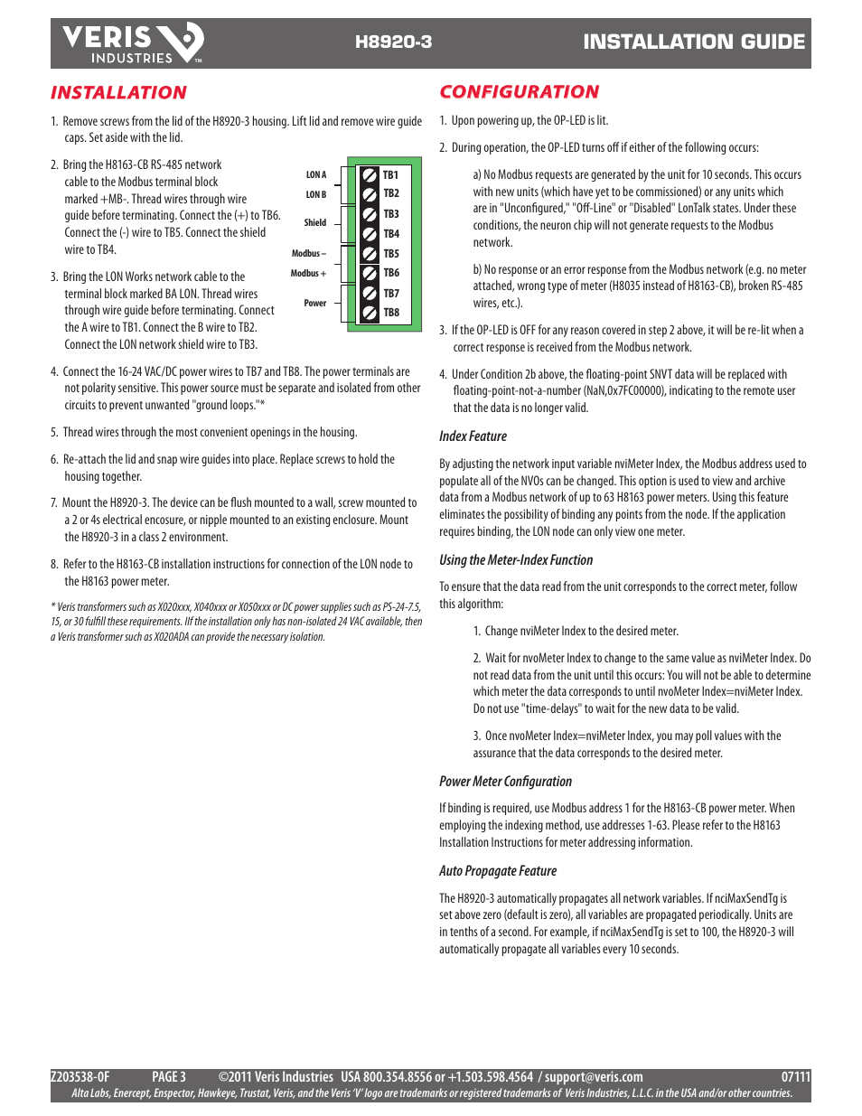 Installation guide, Installation, Configuration | Veris Industries H8920-3 Install User Manual | Page 3 / 6