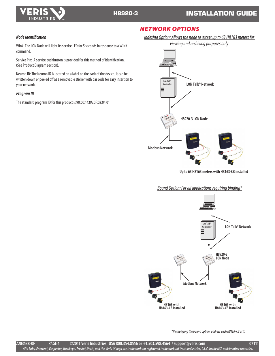 Installation guide, Network options | Veris Industries H8920-3 Install User Manual | Page 4 / 6