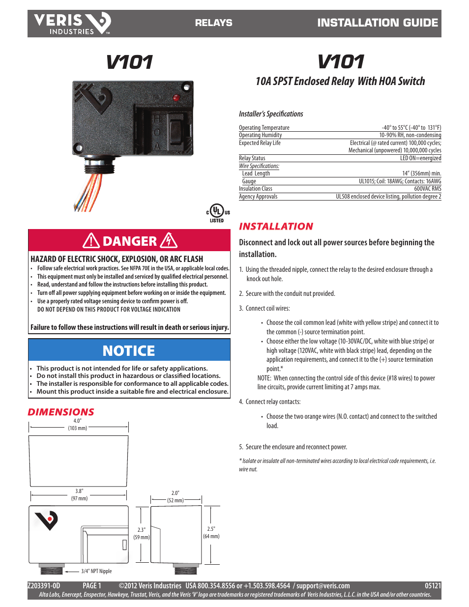 Veris Industries V101 Install User Manual | 2 pages