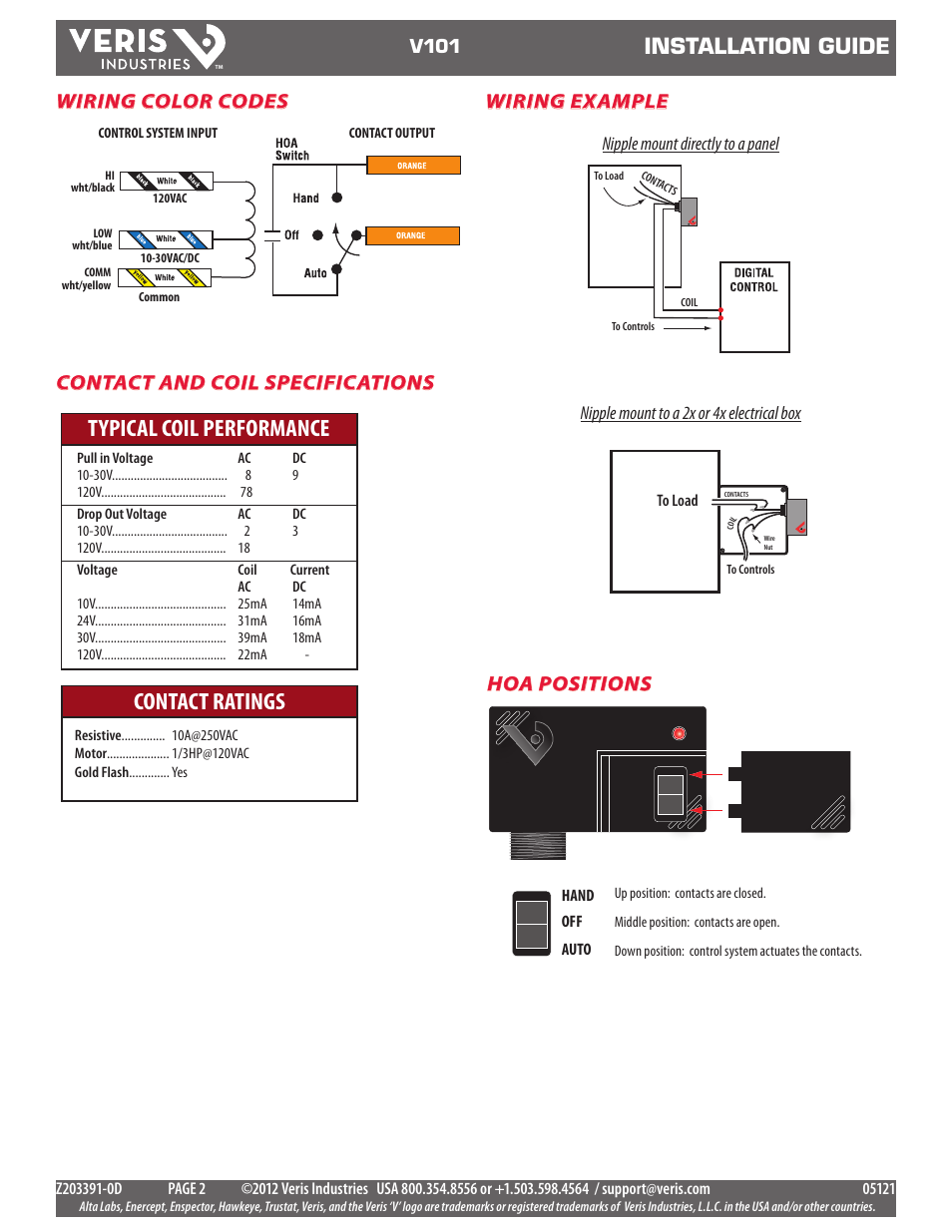 Typical coil performance contact ratings, Installation guide, Hoa positions wiring example | Wiring color codes contact and coil specifications | Veris Industries V101 Install User Manual | Page 2 / 2
