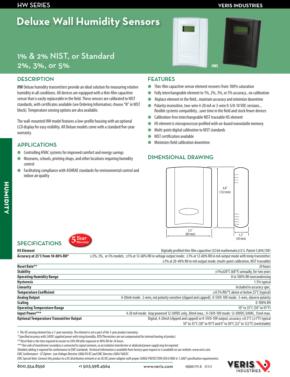 Veris Industries HW SerieS Datasheet User Manual | 2 pages