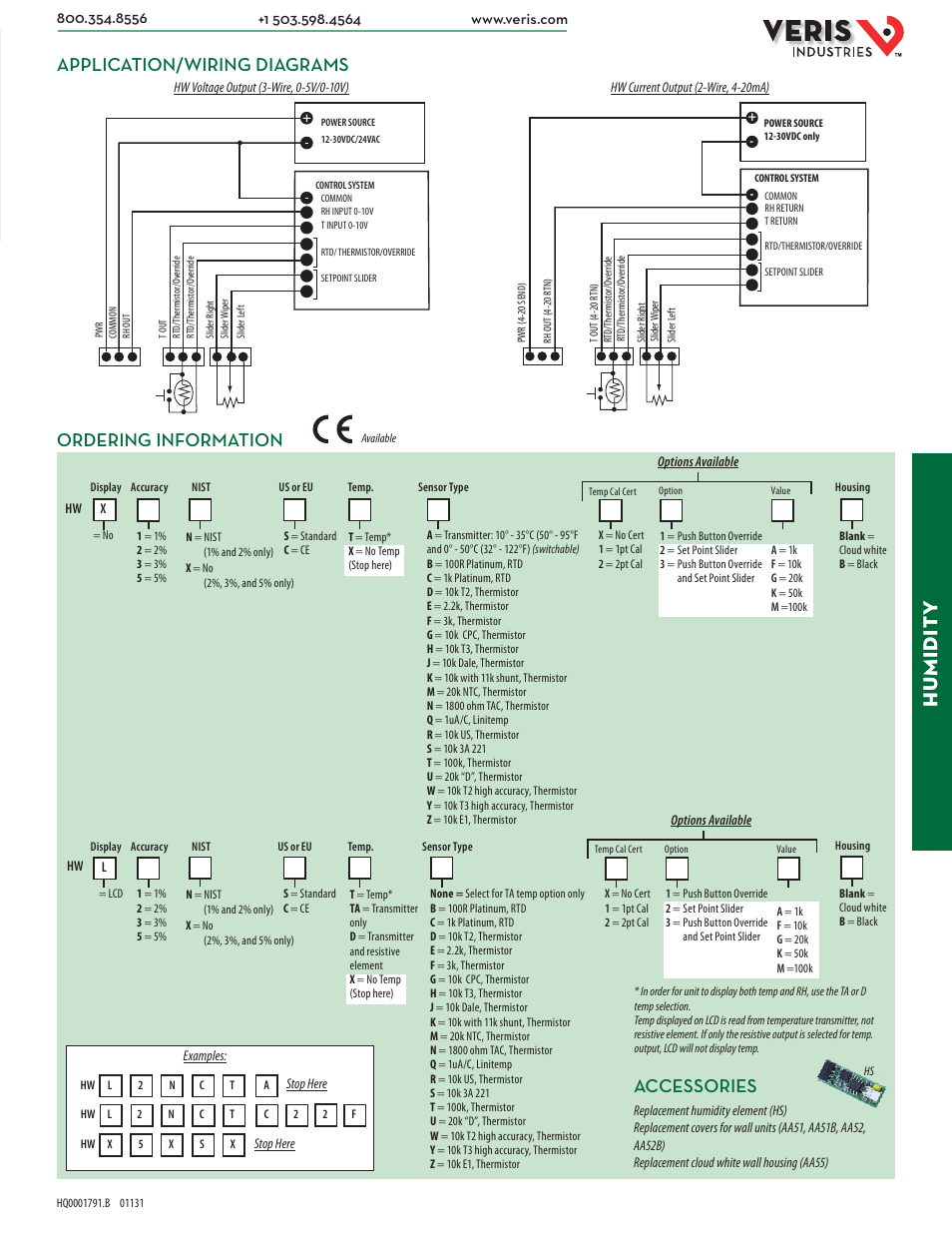 Hu midit y, Ordering information, Application/wiring diagrams | Accessories | Veris Industries HW SerieS Datasheet User Manual | Page 2 / 2