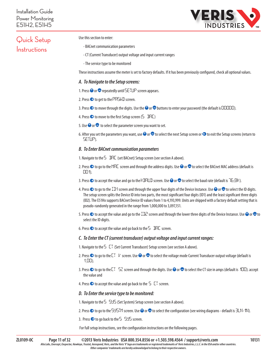 Quick setup instructions, A. to navigate to the setup screens, B. to enter bacnet communication parameters | D. to enter the service type to be monitored | Veris Industries E51H5 Install User Manual | Page 11 / 32