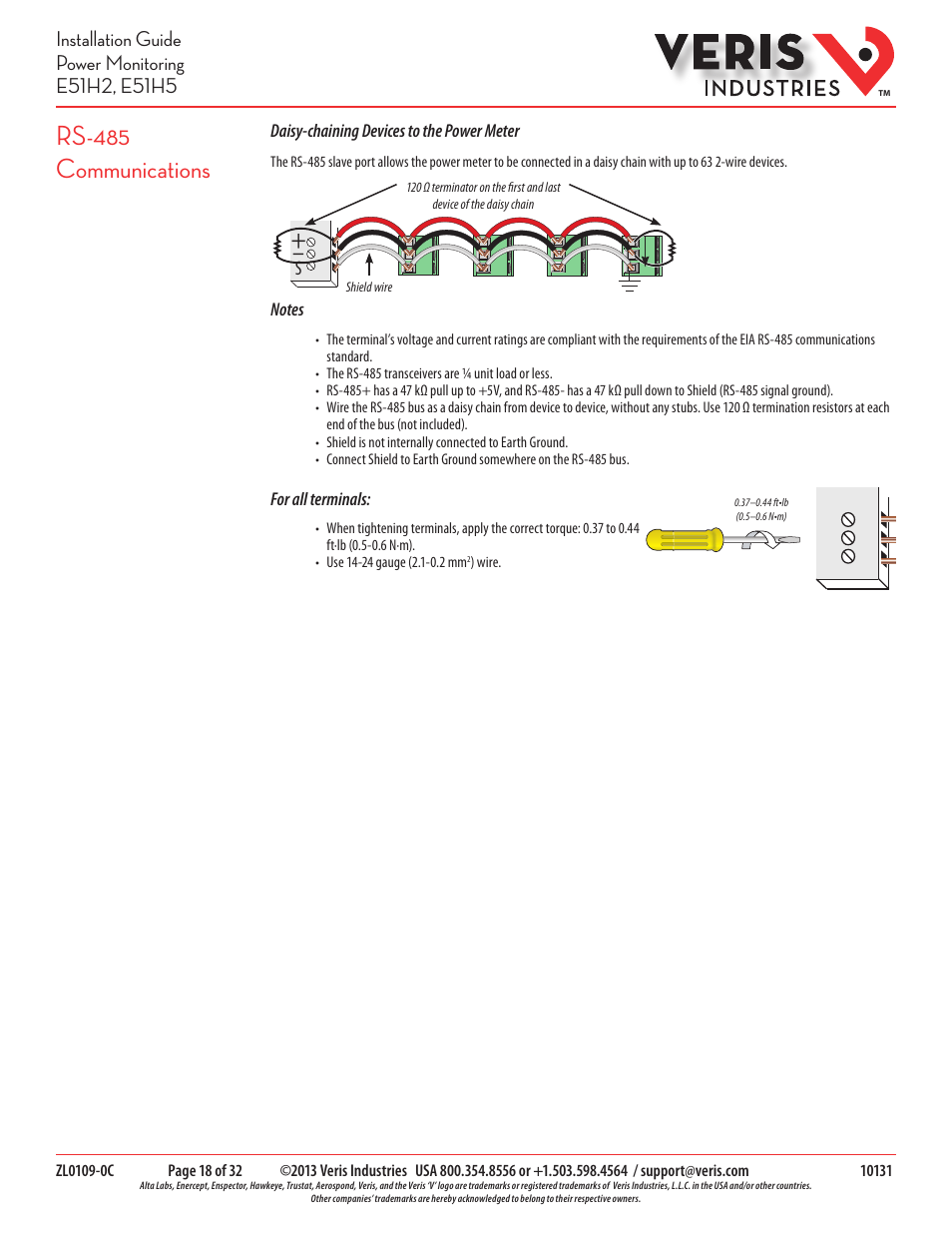 Rs-485 communications | Veris Industries E51H5 Install User Manual | Page 18 / 32