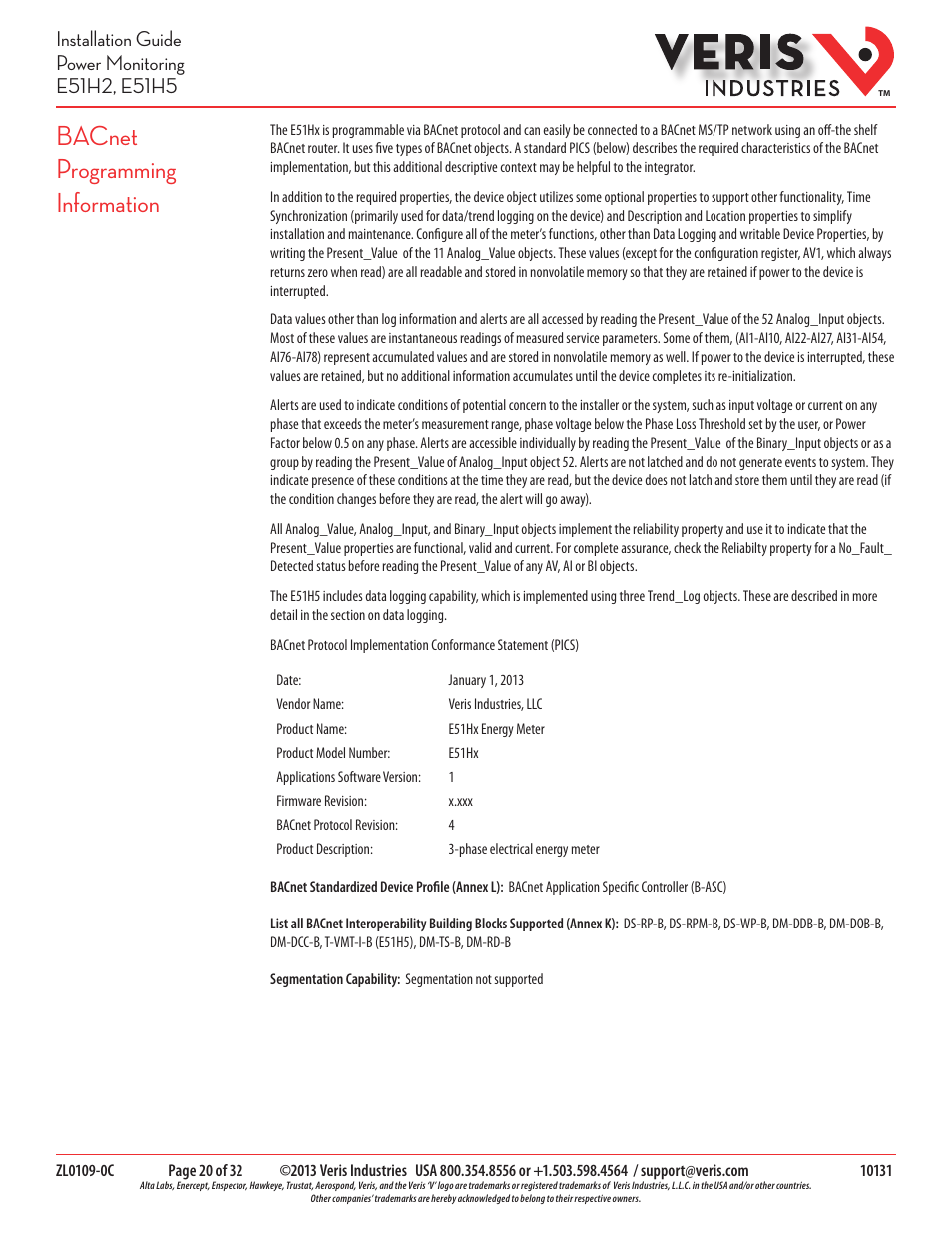 Bacnet programming information | Veris Industries E51H5 Install User Manual | Page 20 / 32