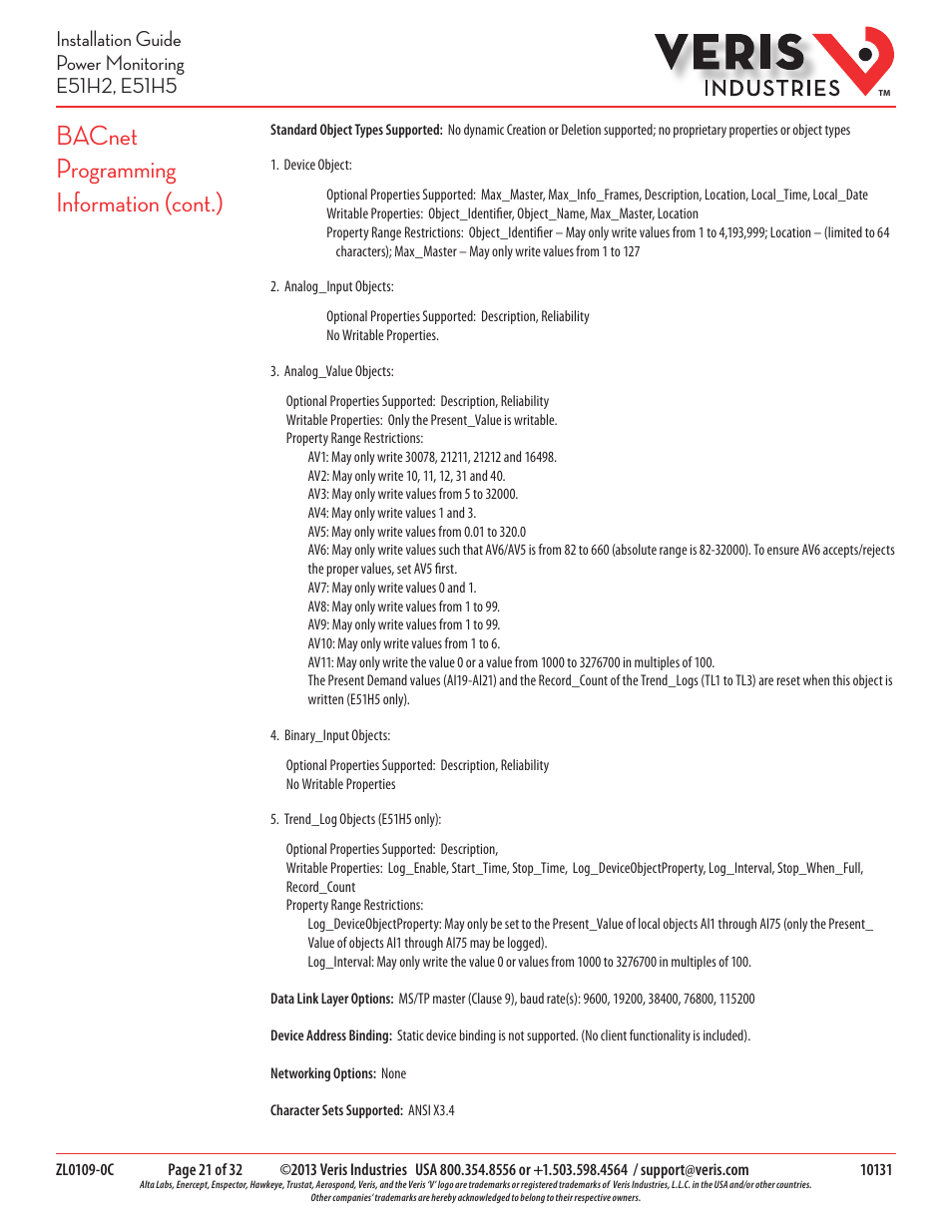 Bacnet programming information (cont.) | Veris Industries E51H5 Install User Manual | Page 21 / 32