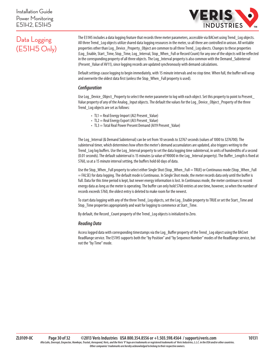 Data logging (e51h5 only) | Veris Industries E51H5 Install User Manual | Page 30 / 32